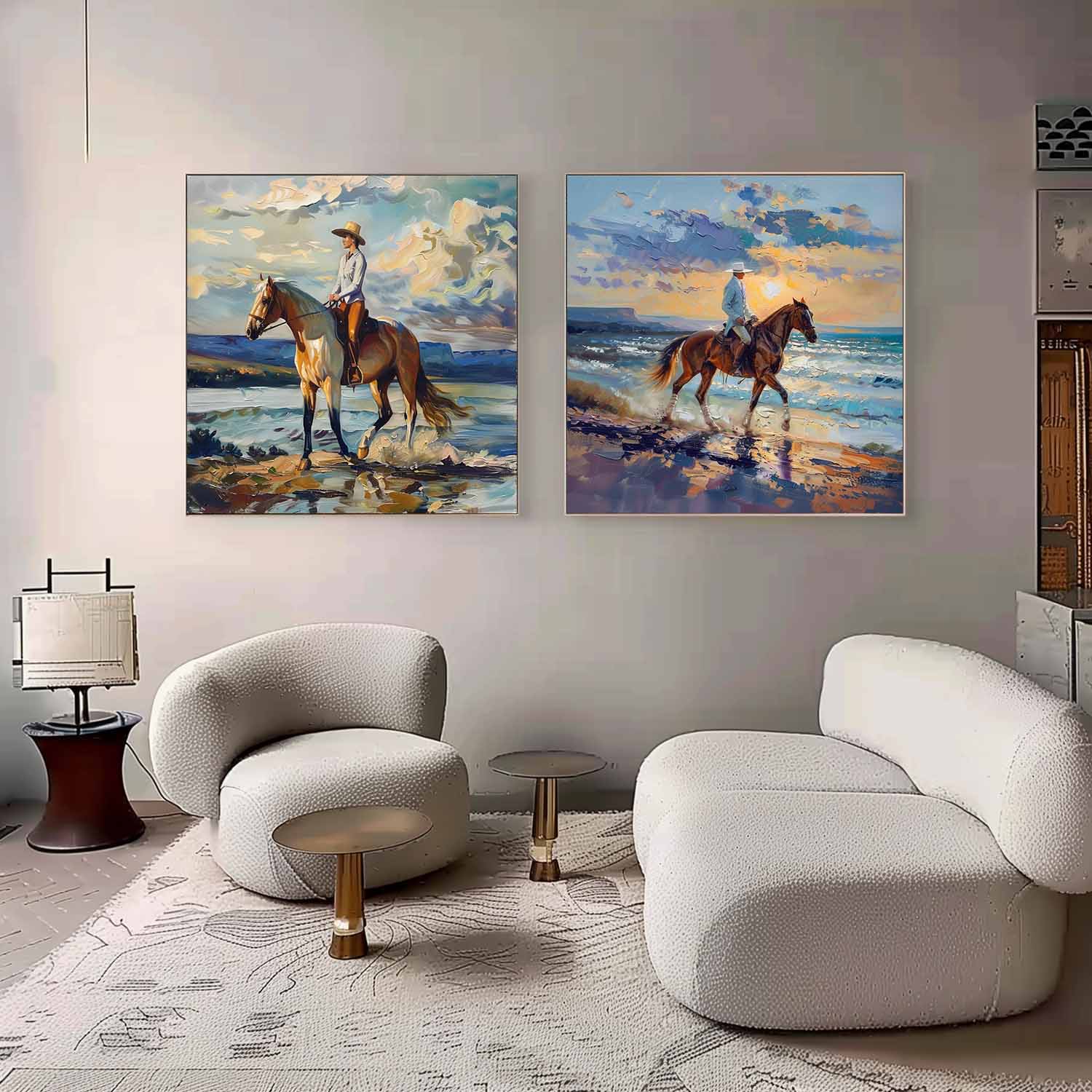 Seaside Horse Riding Canvas Wall Painting Decoration 2-Piece Set Colorful Equestrian Strolling Canvas Art