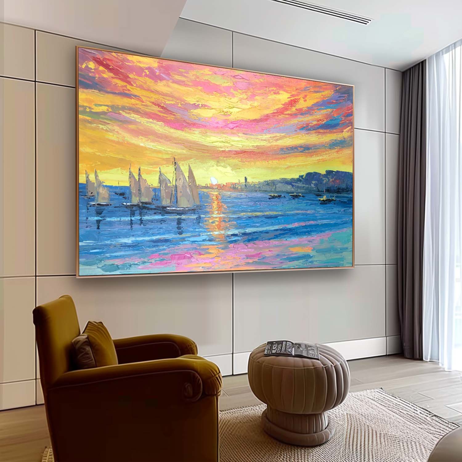 Sailing Boat Under Colorful Sunset Oil Painting Sailing Boat Landscape Oil Painting Sailing Boat Canvas Wall Art