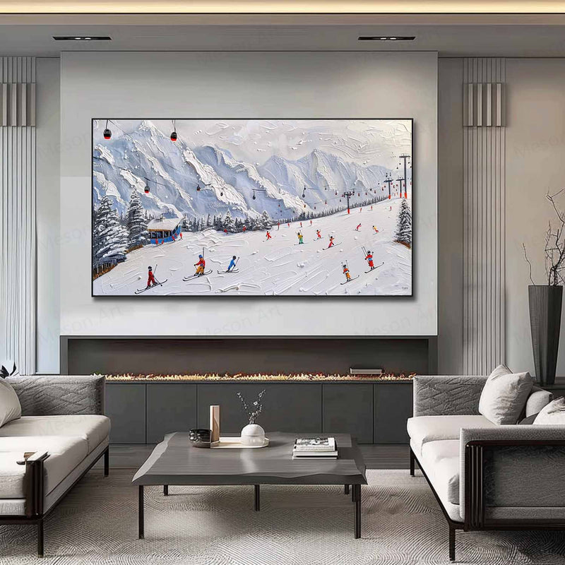 Large 3D Snow Mountain Ski Resort Skier Texture Painting Snow Mountain Ski Resort Skier Canvas Wall Art Decor Hanging Painting