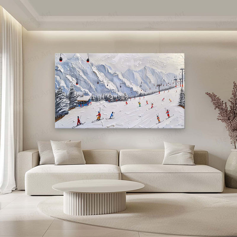 Large 3D Snow Mountain Ski Resort Skier Texture Painting Snow Mountain Ski Resort Skier Canvas Wall Art Decor Hanging Painting