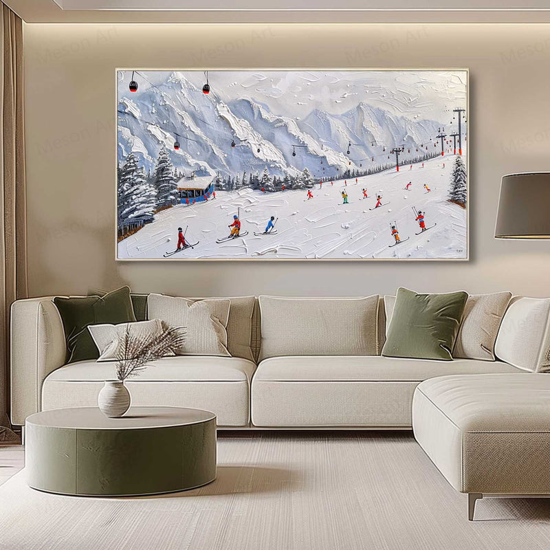 Large 3D Snow Mountain Ski Resort Skier Texture Painting Snow Mountain Ski Resort Skier Canvas Wall Art Decor Hanging Painting