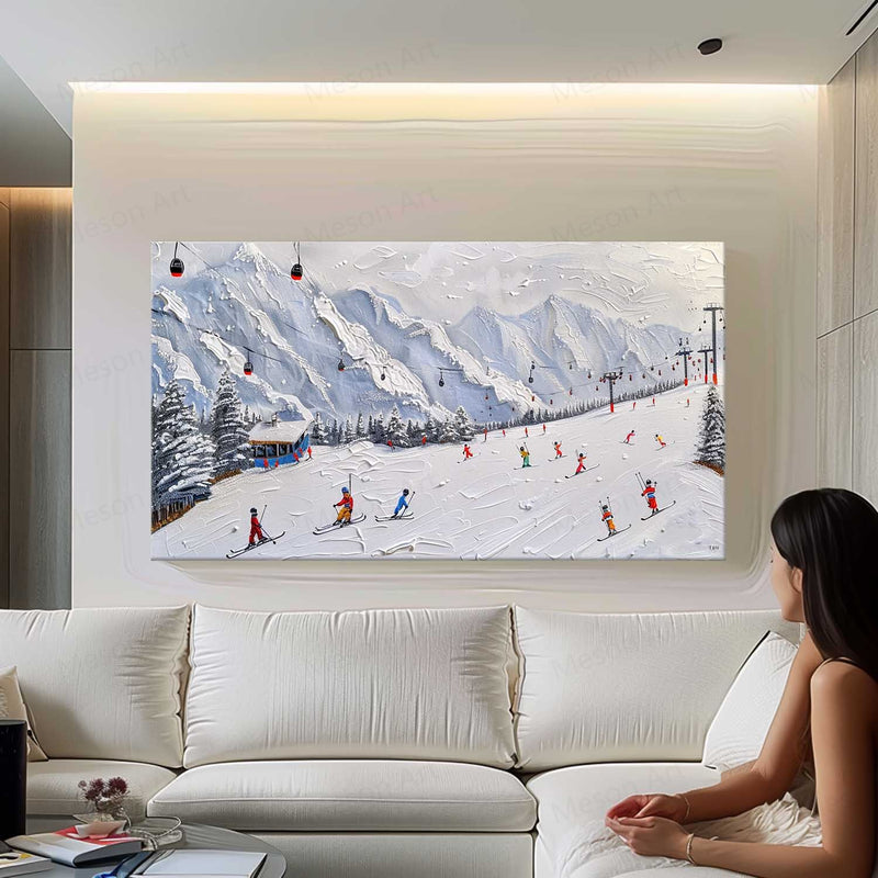 Large 3D Snow Mountain Ski Resort Skier Texture Painting Snow Mountain Ski Resort Skier Canvas Wall Art Decor Hanging Painting