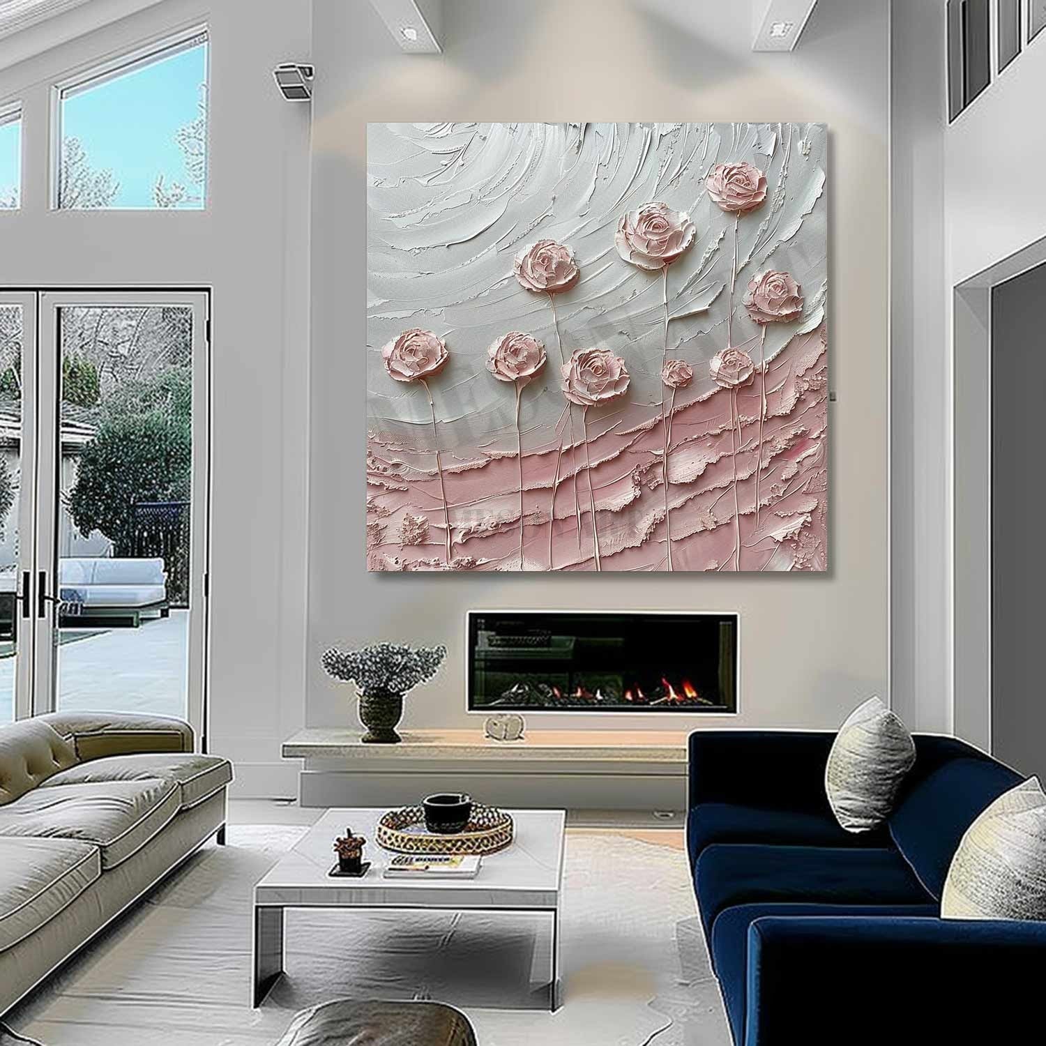 3D Pink Roses Oil Painting for Sale Pink Flowers Plaster Art Textured Rose Flowers Canvas Wall Art Decor