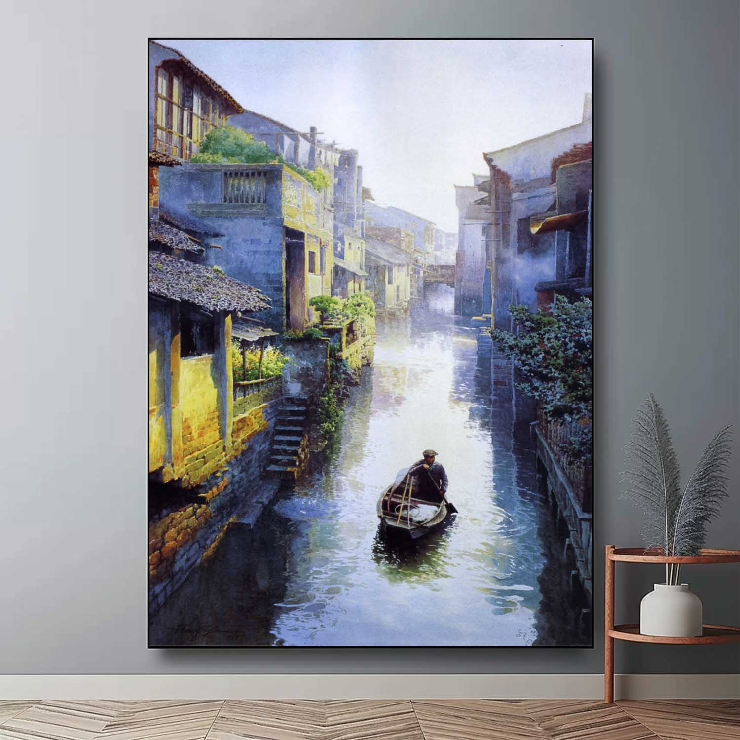 Large Realistic Water Town Landscape Art Venice Water Town Landscape Canvas Wall Art For Sale