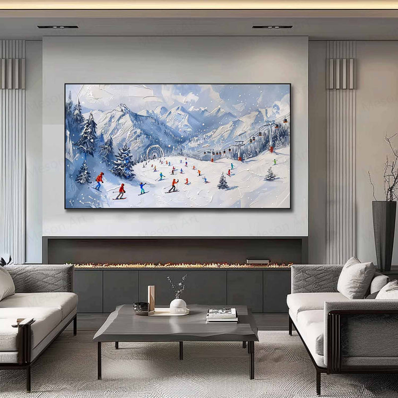 Large 3D Ski Resort Skier Texture Painting for Sale White Snow Mountain Ski Resort Skier Canvas Wall Art Decor