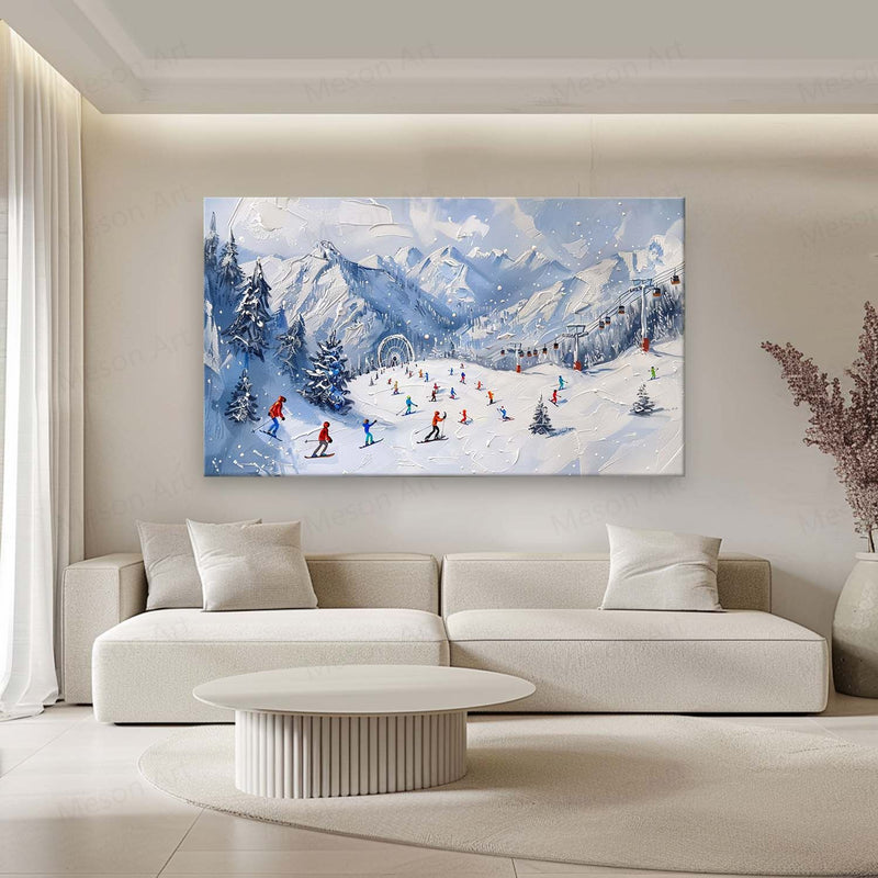 Large 3D Ski Resort Skier Texture Painting for Sale White Snow Mountain Ski Resort Skier Canvas Wall Art Decor