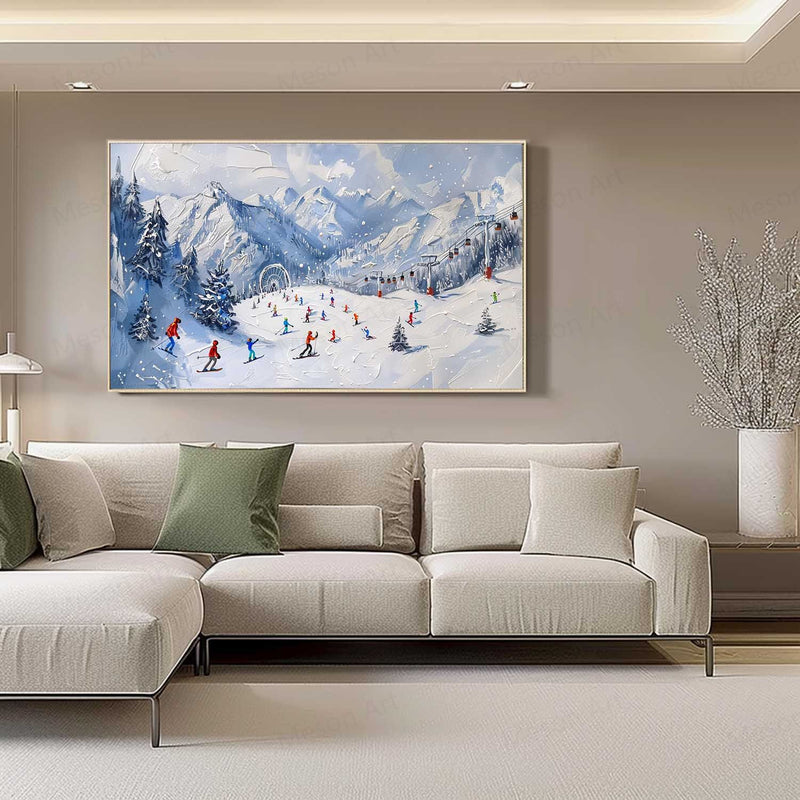 Large 3D Ski Resort Skier Texture Painting for Sale White Snow Mountain Ski Resort Skier Canvas Wall Art Decor