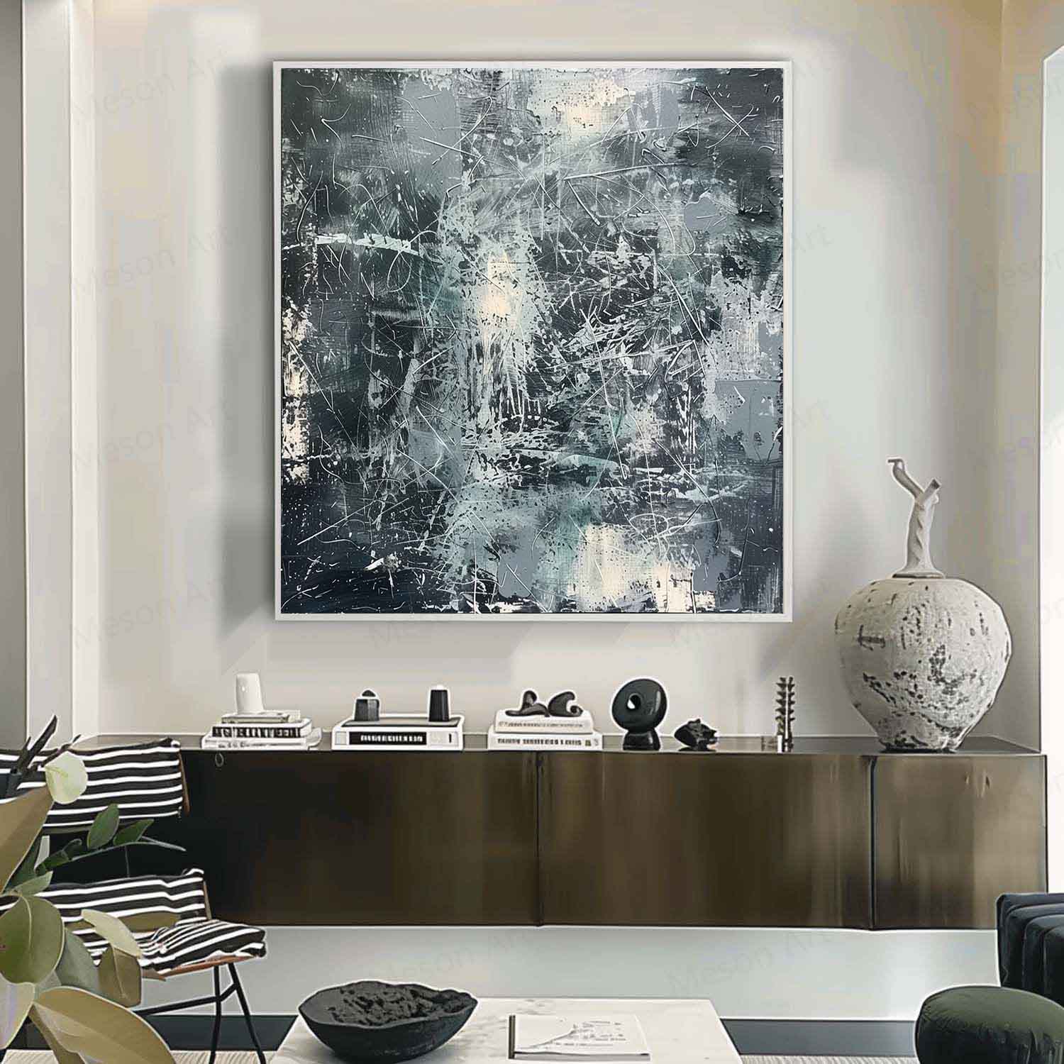 White and Green Abstract Expressionism White and Green Abstract Canvas Wall Painting