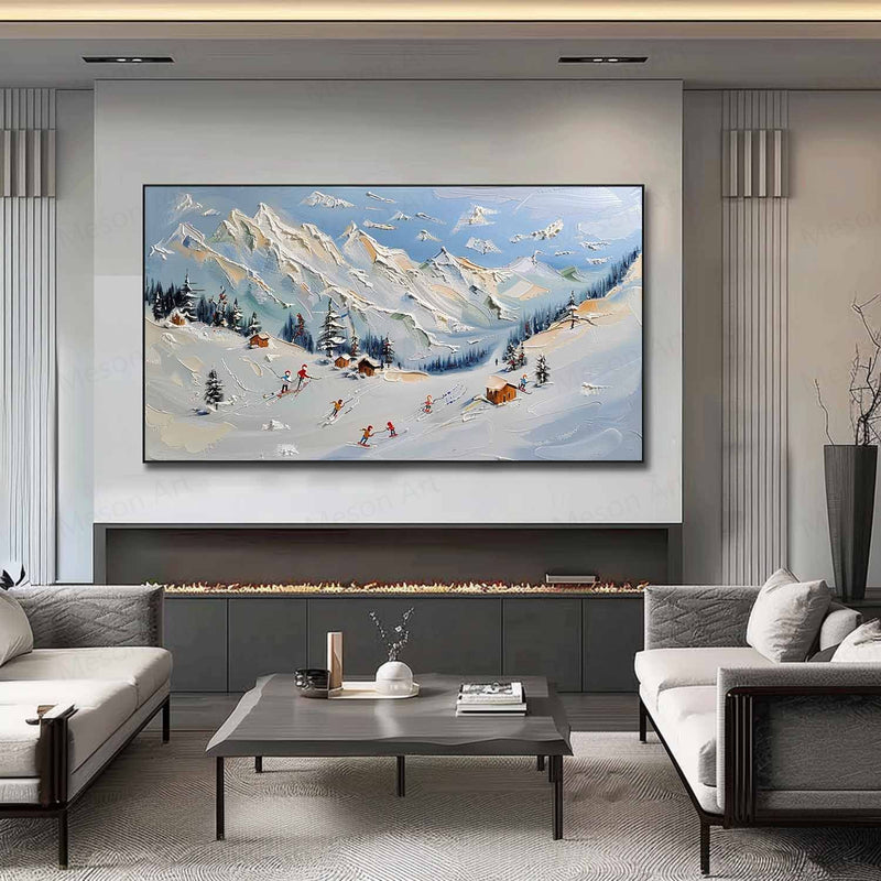 Large Snow Mountain Resort Landscape Oil Painting Snow Mountain Resort Canvas Wall Art Decoration