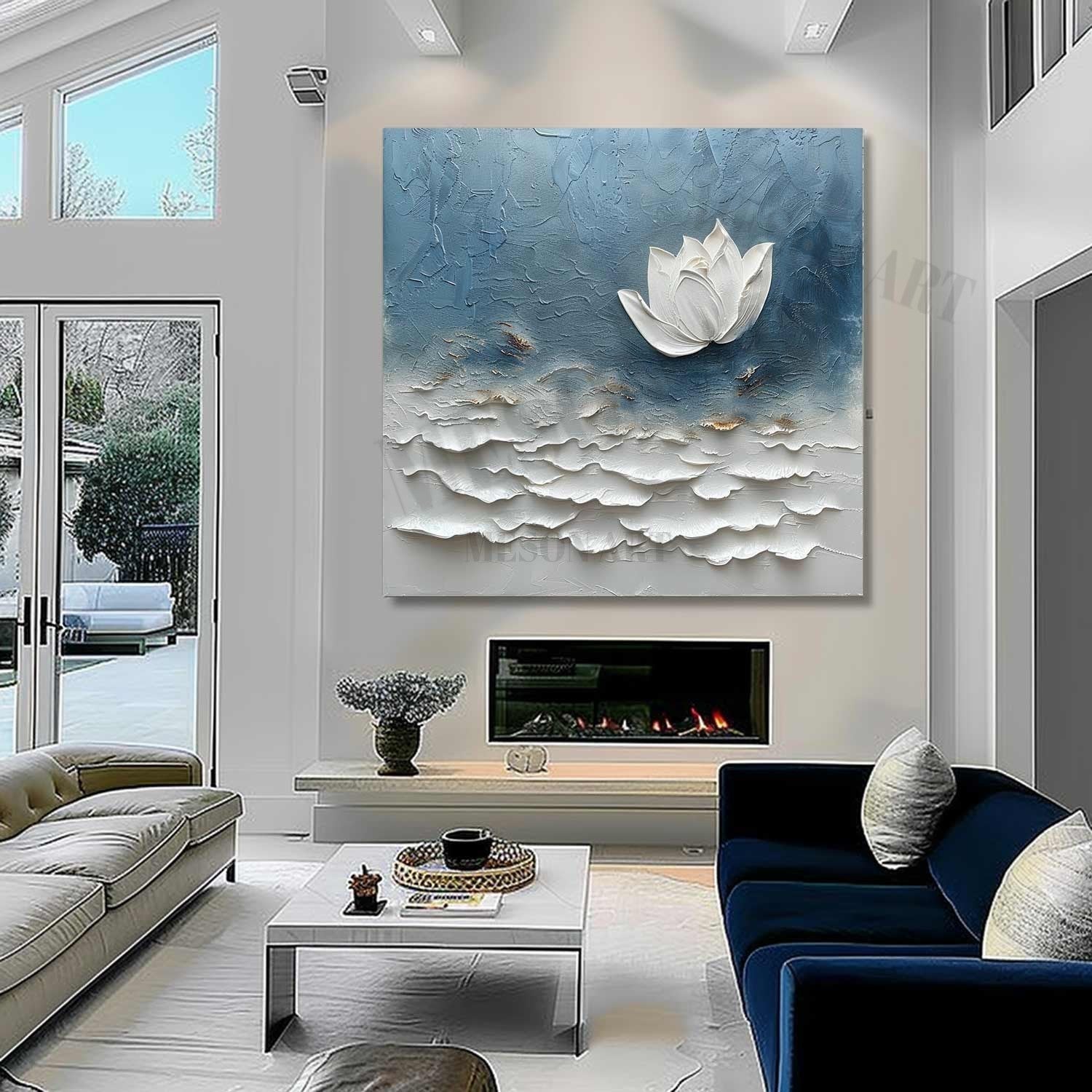 3D Monet Lotus Oil Painting for Sale White Flower Plaster Art Textured Floral Canvas Wall Art Decor