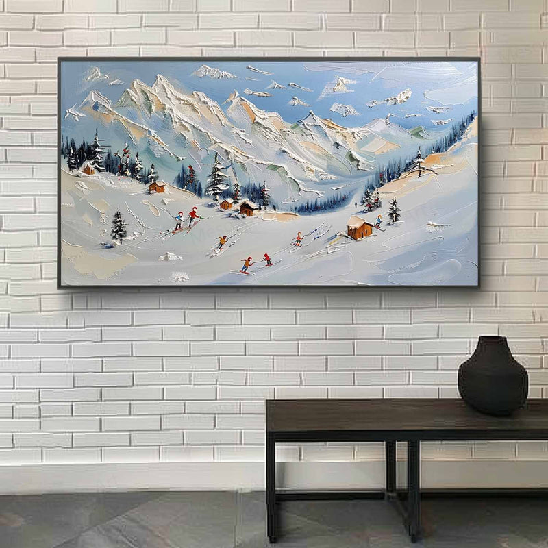 Large Snow Mountain Resort Landscape Oil Painting Snow Mountain Resort Canvas Wall Art Decoration