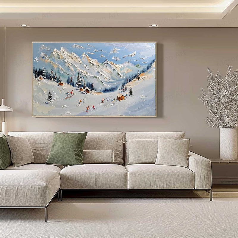 Large Snow Mountain Resort Landscape Oil Painting Snow Mountain Resort Canvas Wall Art Decoration