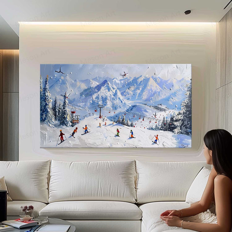 3D Snow Mountain Ski Resort Texture Painting Snow Mountain Ski Resort Texture Canvas Wall Art Decoration Hanging Painting