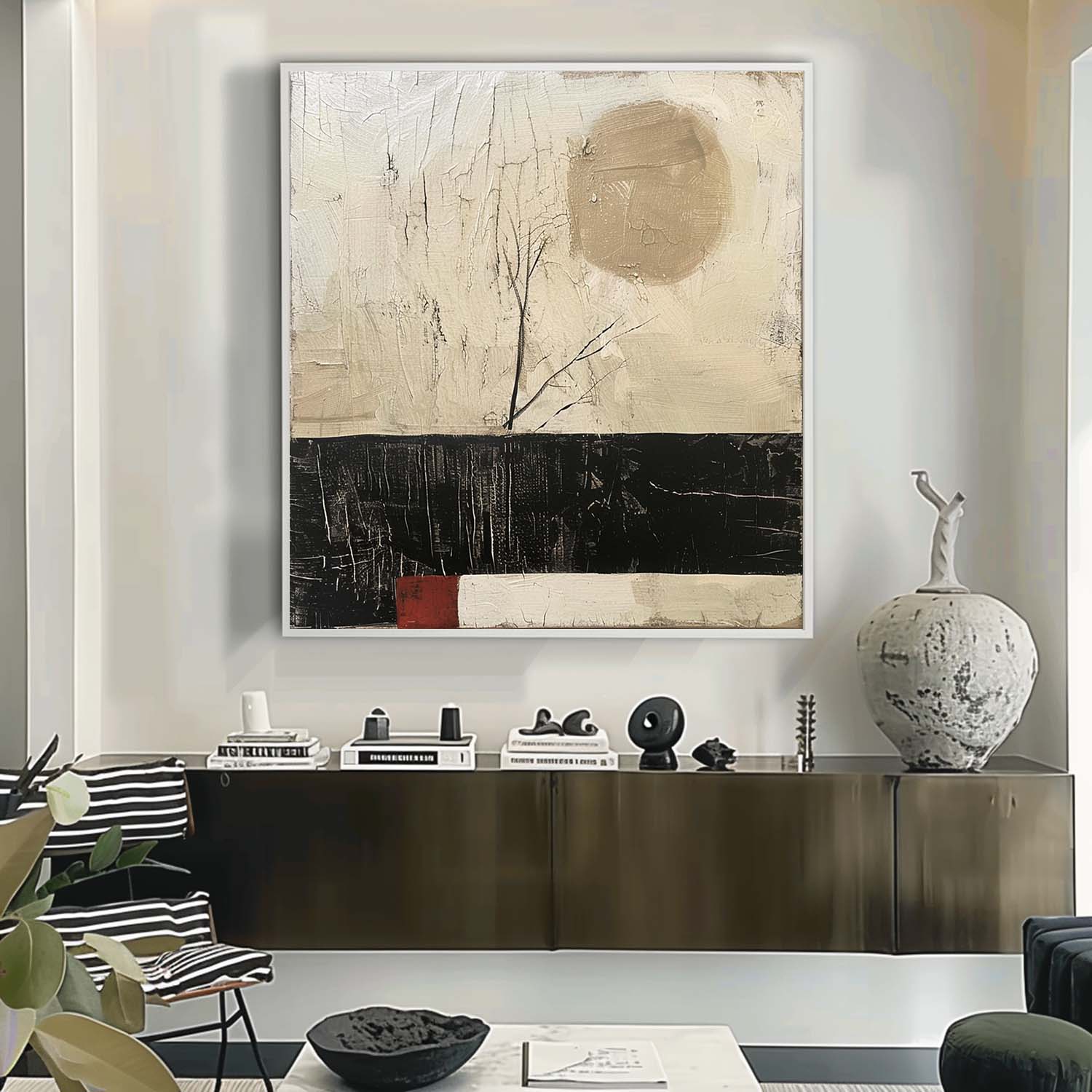 Beige and Black Minimalist Canvas Wall Art Wabi-Sabi Art Beige and Black Abstract Oil Paintings for Sale