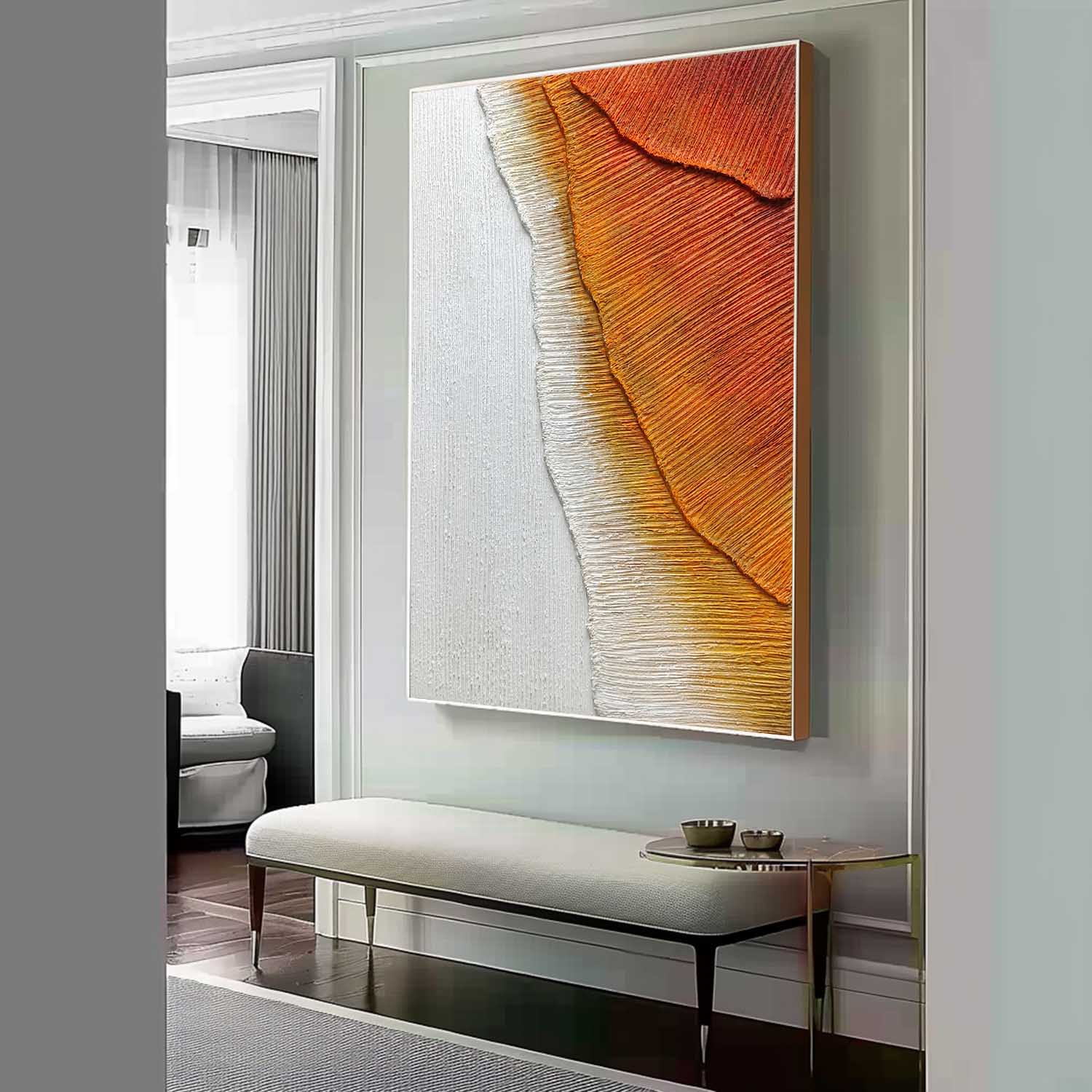 Large Orange And White Sea Wave Texture Painting 3D Plaster Art On Canvas Sea Modern Wall art Decor