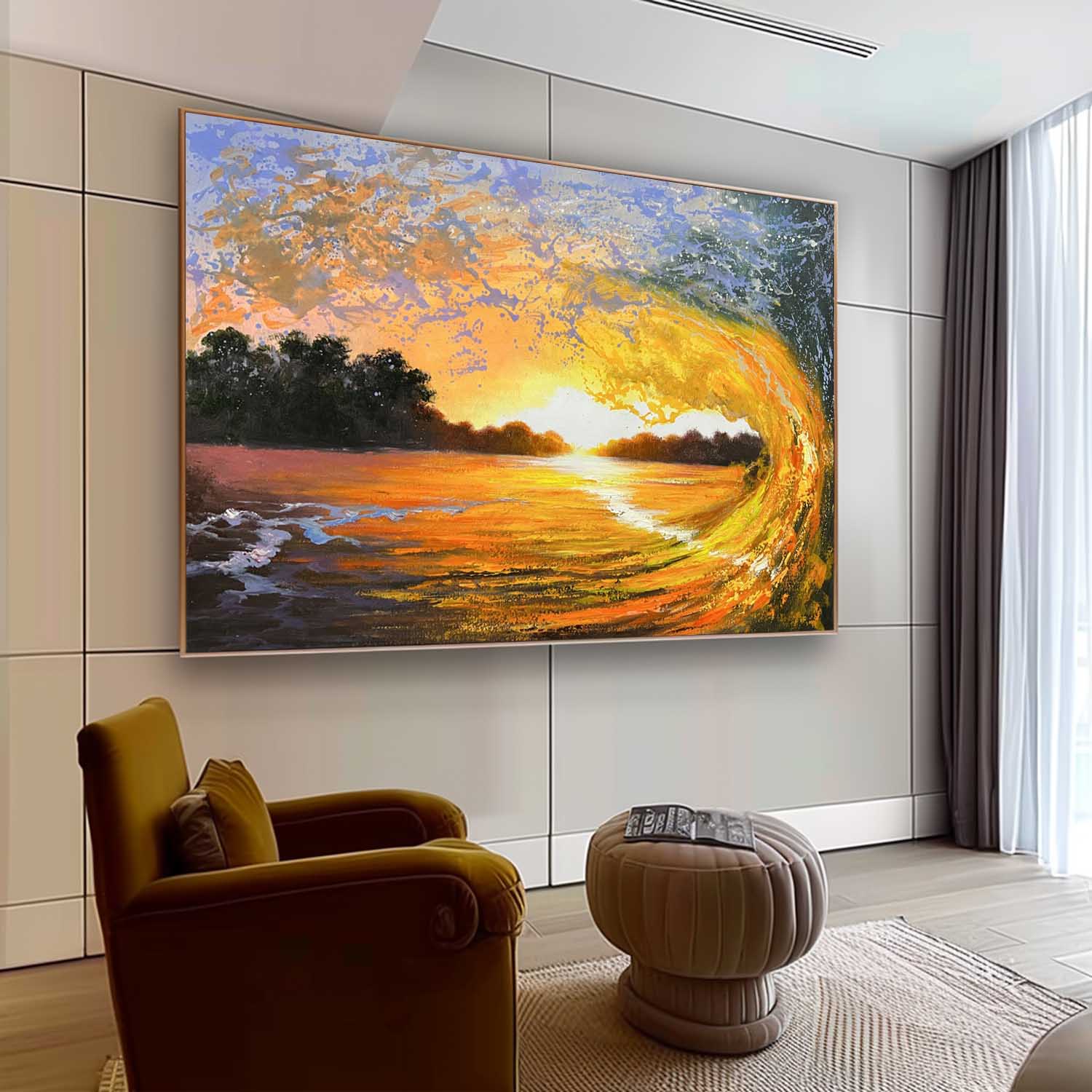 Orange and Blue Wave Oil Painting Surf Wall Art for Sale Surfer Canvas Art Wave Realistic Art