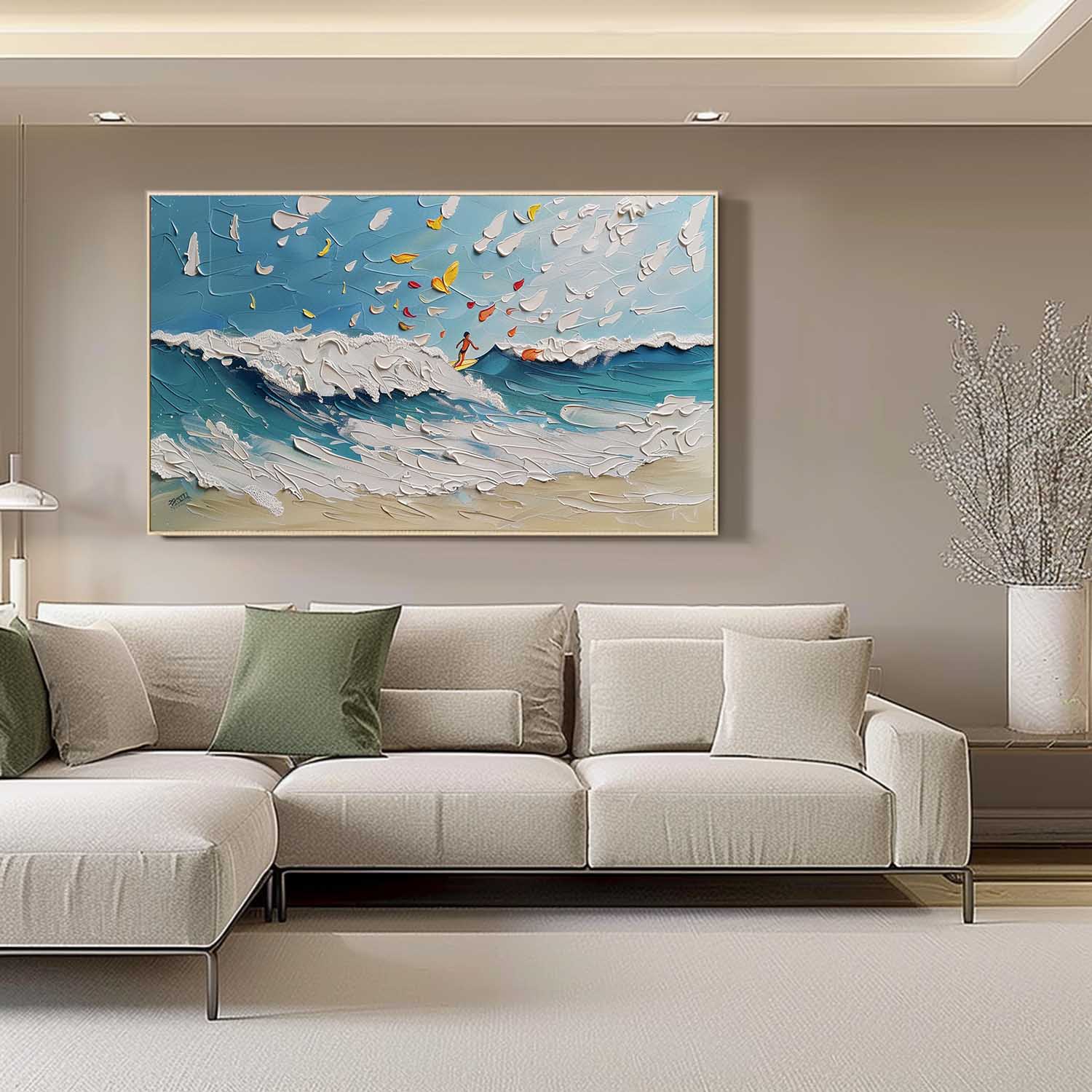 Large Ocean Wave Surfer Texture Painting Ocean Wave Surfer Landscape Canvas Wall Art for Sale