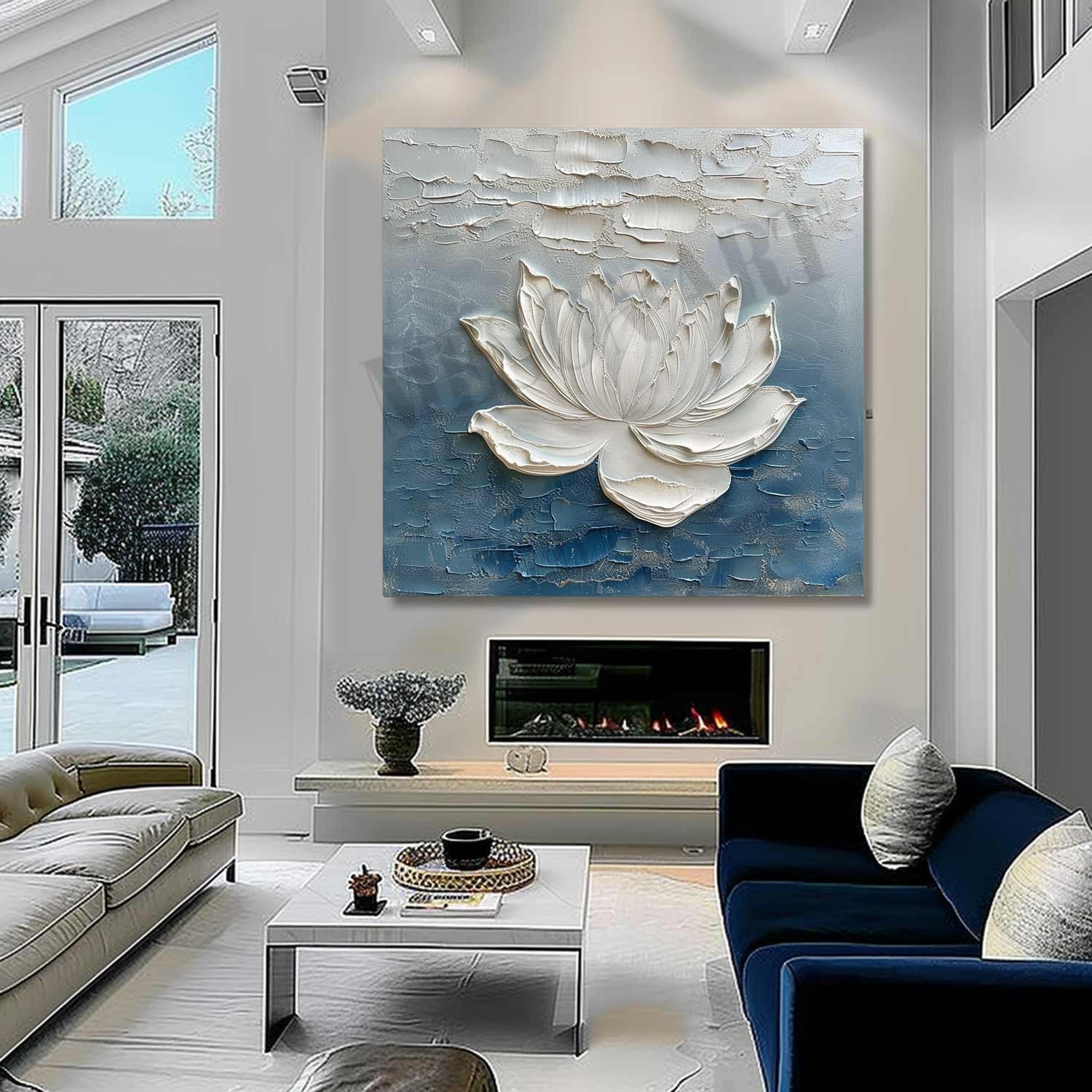 Monet Style Lotus Oil Painting for Sale 3D Textured Flower Canvas Wall Art White Plaster Flower Canvas Art