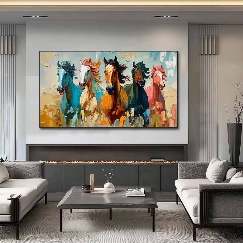 Large Colorful Running Horses Oil Painting for Sale Modern Colorful Horses Canvas Wall Art Decor