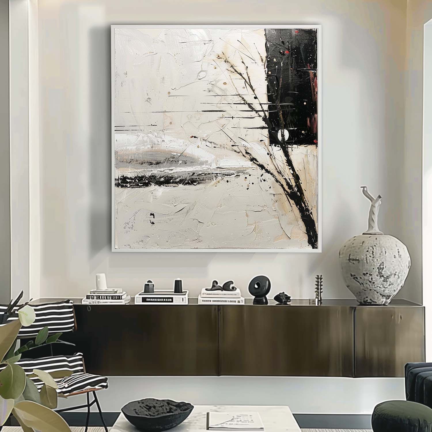 Wabi-Sabi Wall Art Gray and Black Abstract Art for Sale Gray and Black Minimalist Canvas Oil Painting