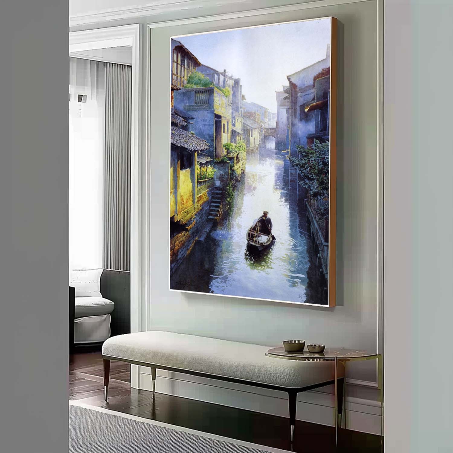 Large Realistic Water Town Landscape Art Venice Water Town Landscape Canvas Wall Art For Sale