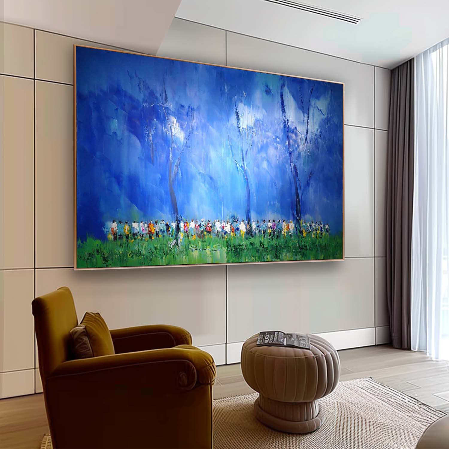 Large Blue Minimalist Oil Painting Modern Minimalist Blue Canvas Wall Art Blue Abstract Art For Sale