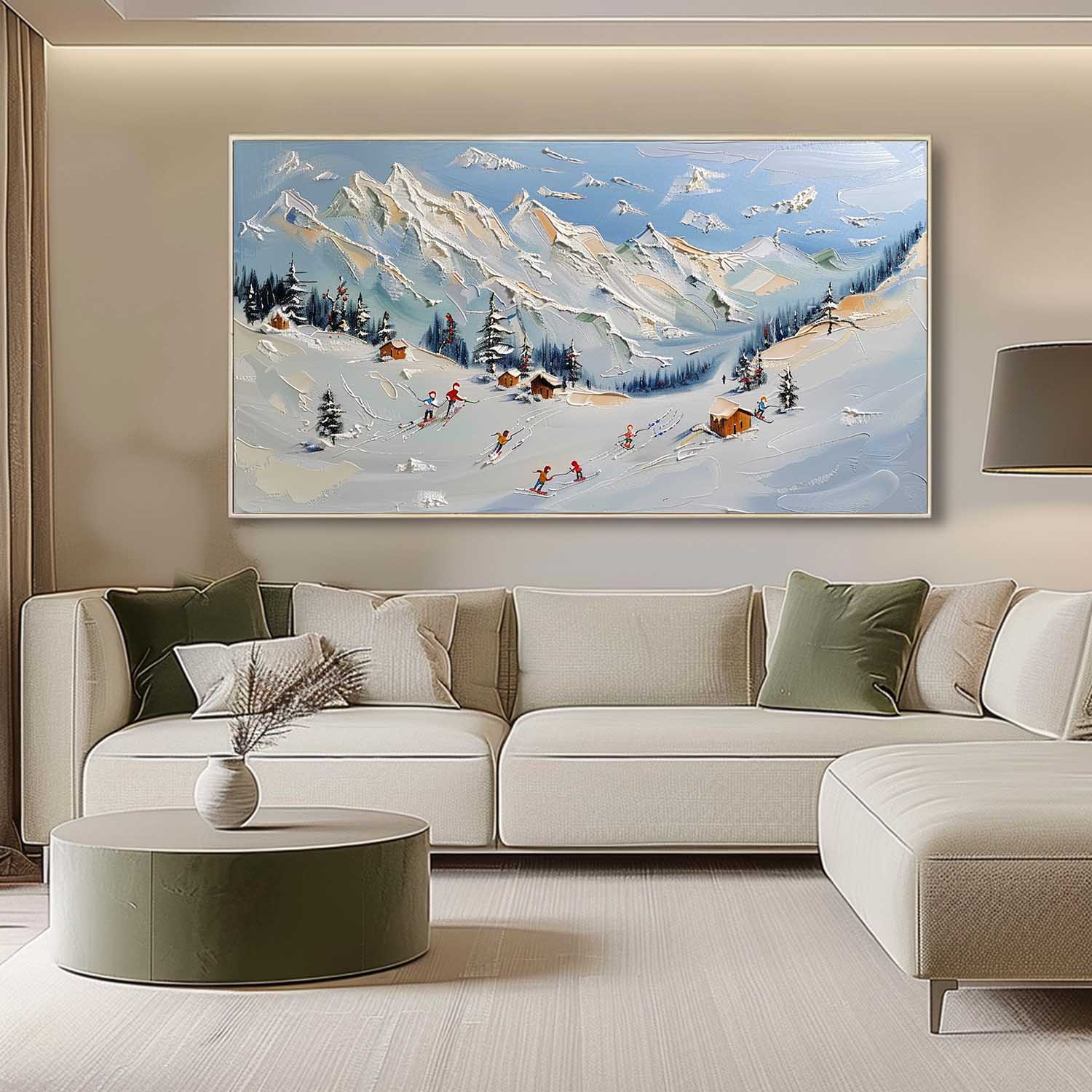 Large Snow Mountain Resort Landscape Oil Painting Snow Mountain Resort Canvas Wall Art Decoration