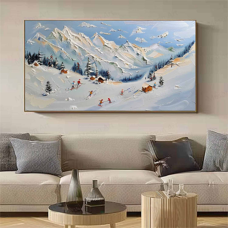 Large Snow Mountain Resort Landscape Oil Painting Snow Mountain Resort Canvas Wall Art Decoration