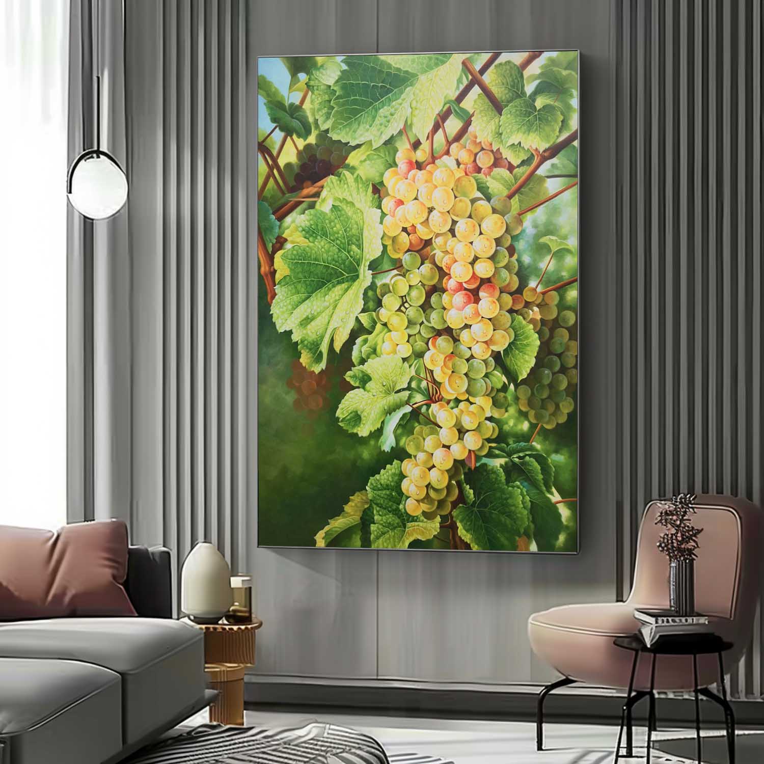 Large Green Realistic Grape Oil Painting Realistic Grape Canvas Wall Art Hyper-Realistic Grape Art