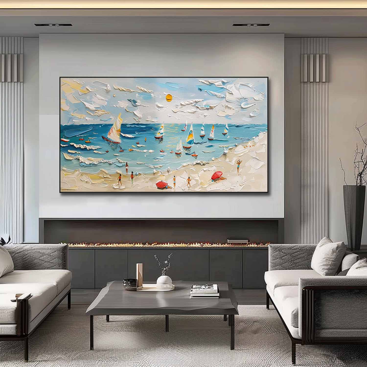 Large Summer Beach Coast Vacation Oil Paintings for Sale Beach Holiday Scenery Wall Art on Canvas