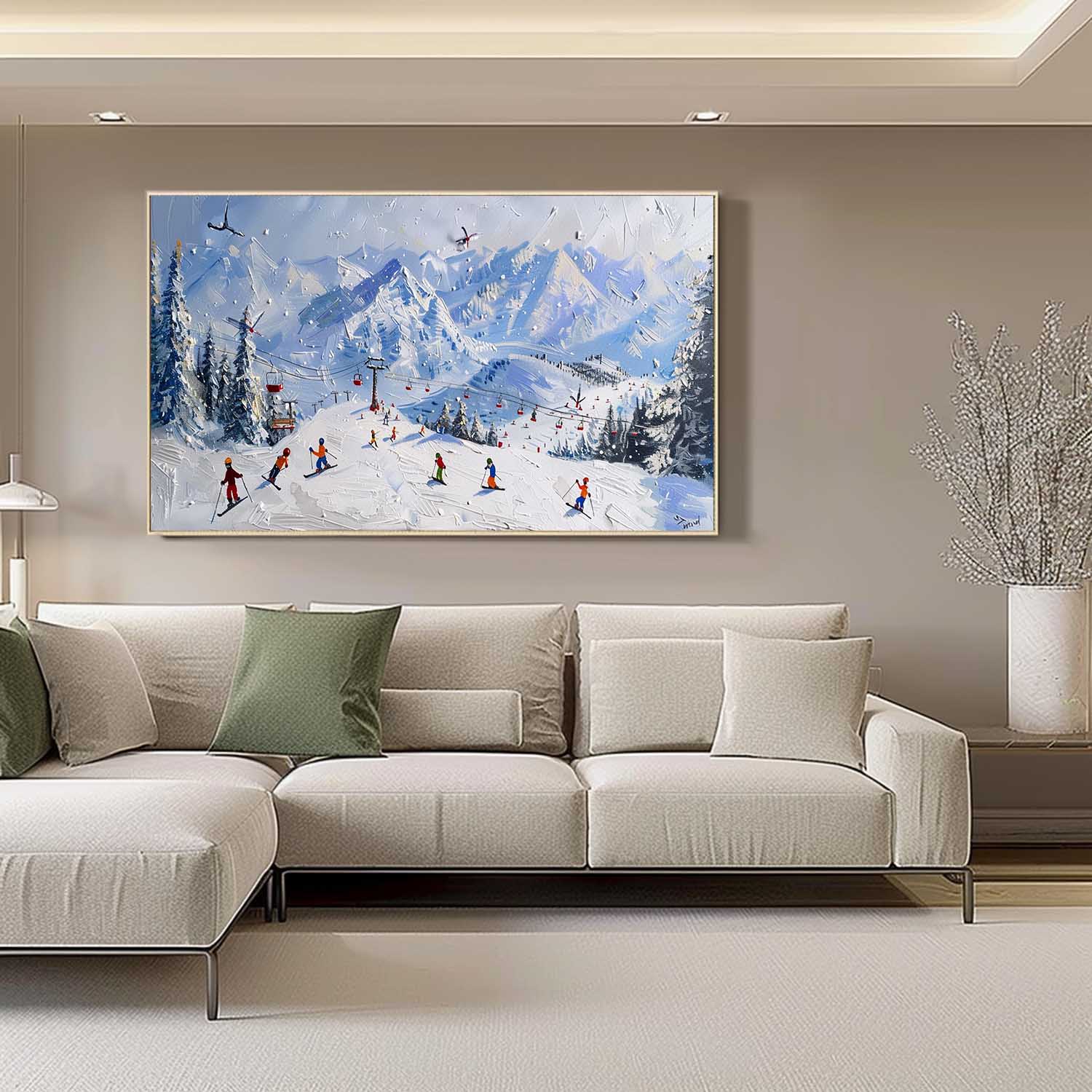 Large 3D Snow Mountain Ski Resort Texture Painting Snow Mountain Ski Resort Texture Canvas Wall Art Decoration Hanging Painting