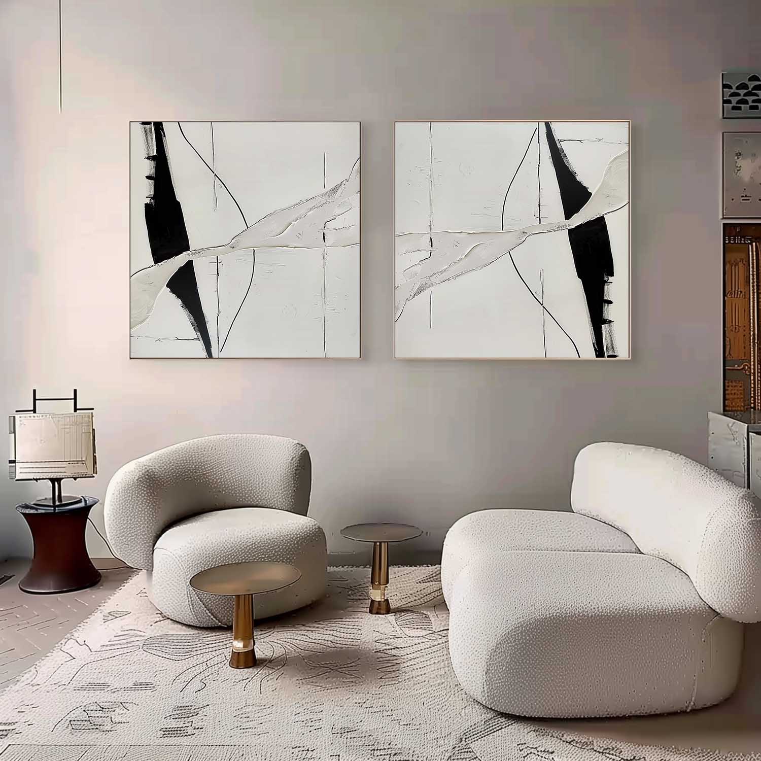 Black and White Minimalist Abstract Texture Painting Set of 2 Black and White Minimalist Canvas Wall Art for Sale