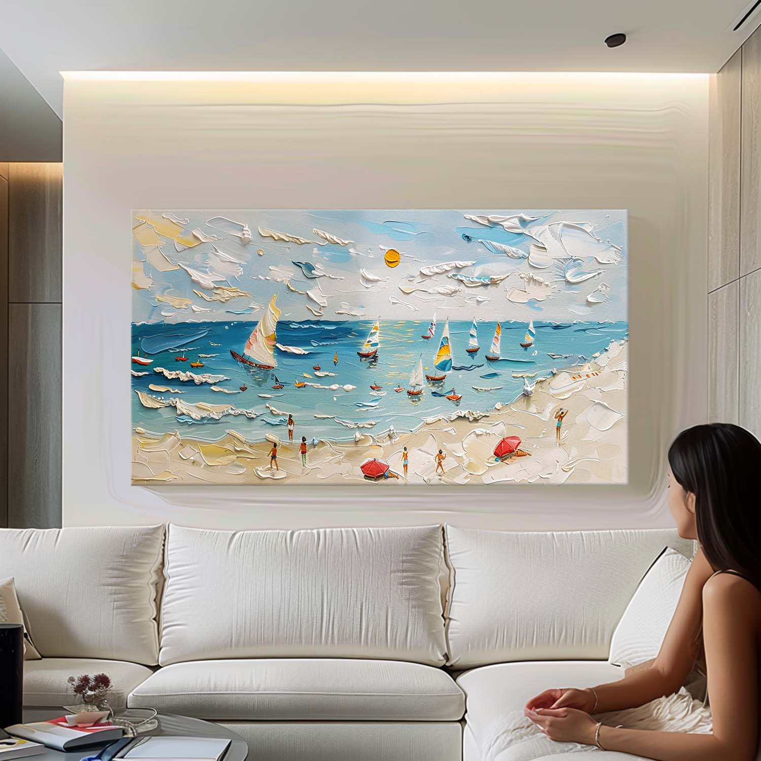 Large Summer Beach Coast Vacation Oil Paintings for Sale Beach Holiday Scenery Wall Art on Canvas