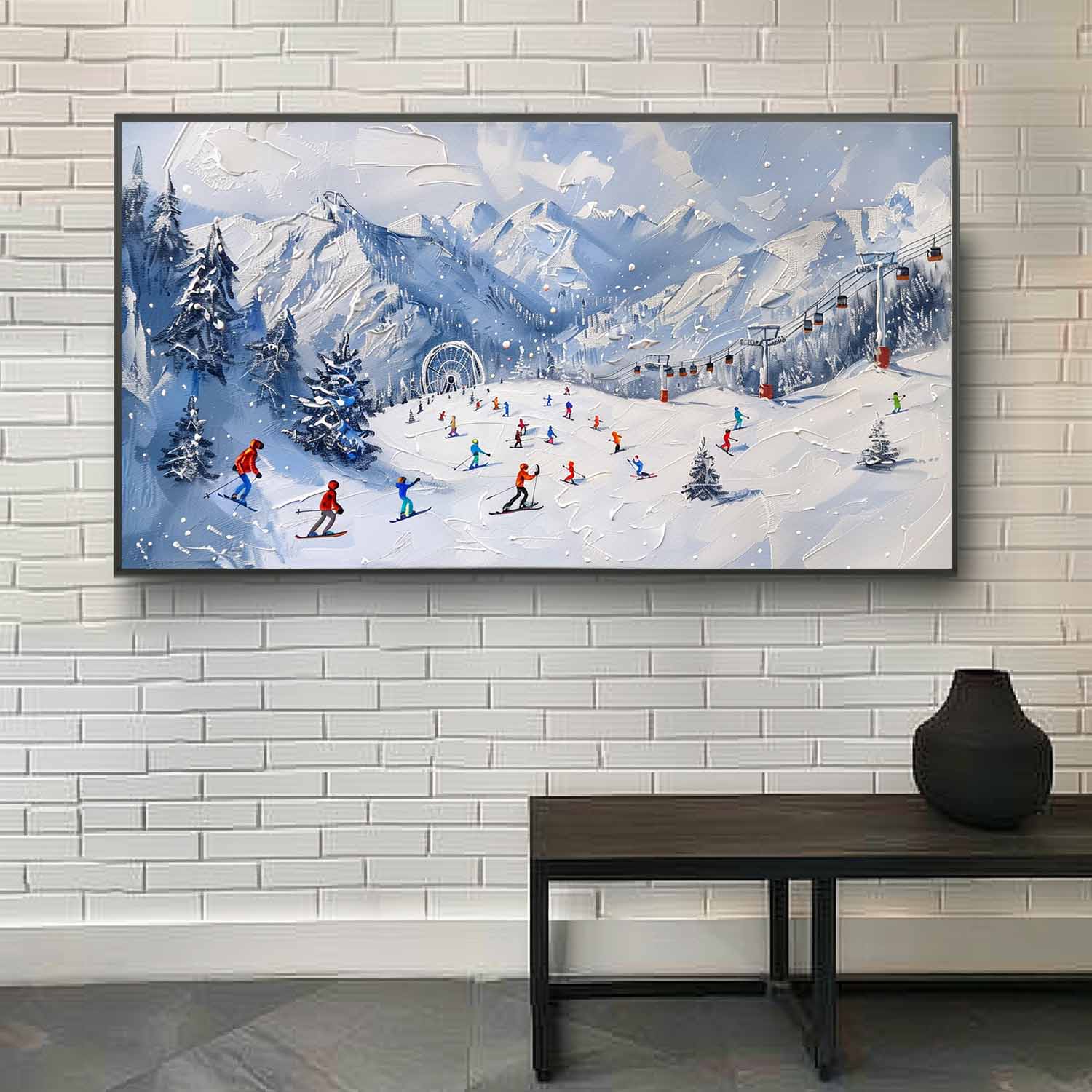 Large 3D Ski Resort Skier Texture Painting for Sale White Snow Mountain Ski Resort Skier Canvas Wall Art Decor