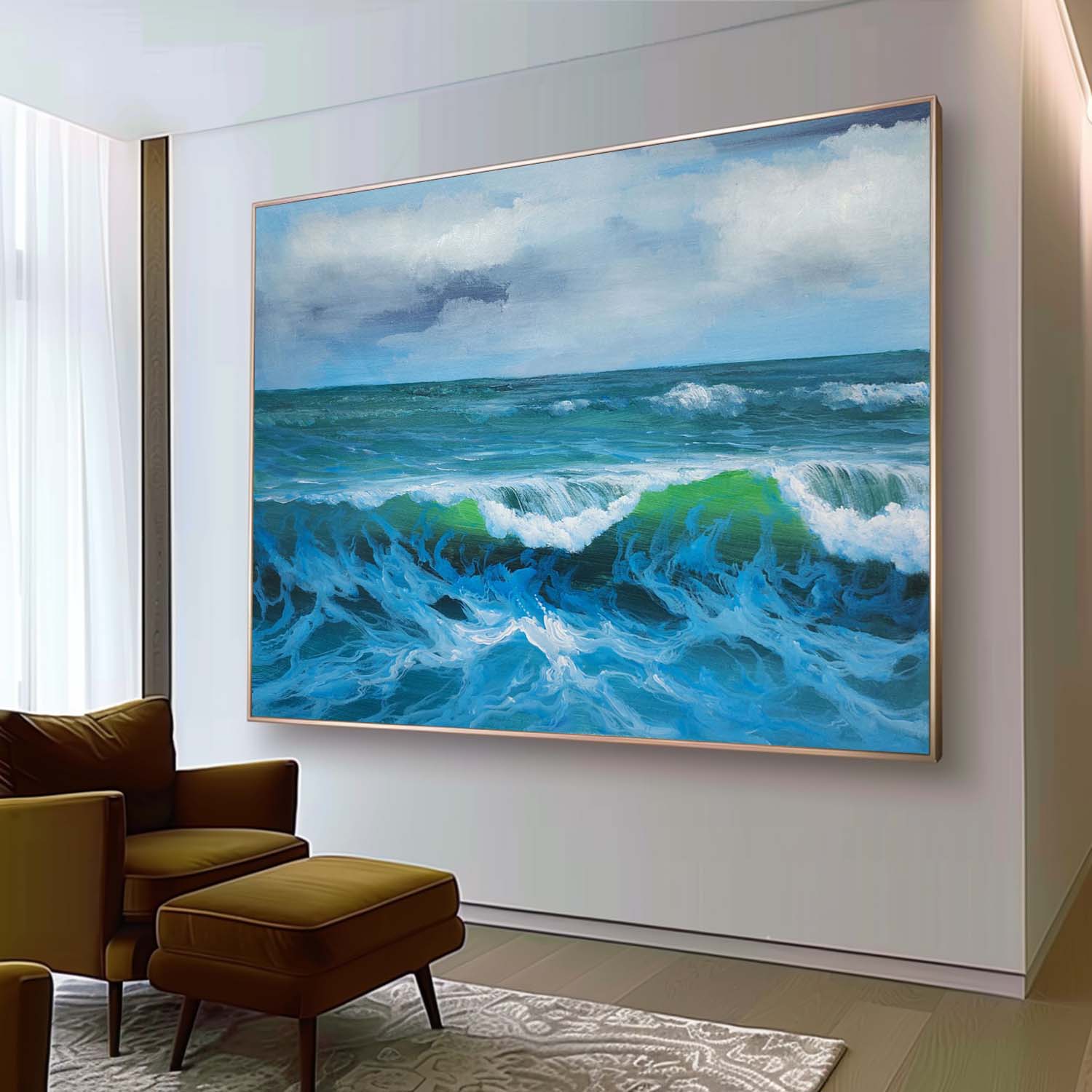 Large Realistic Sea Oil Paintings Sea Realistic Canvas Art Light Blue Realistic Sea Wall Art Decor