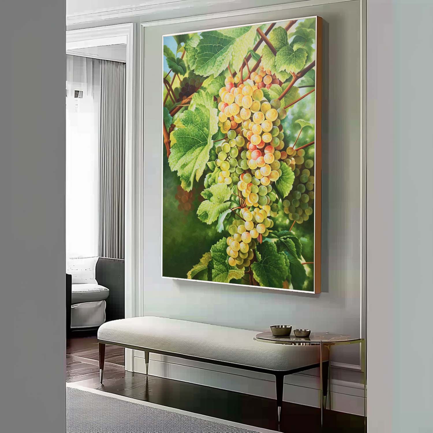 Large Green Realistic Grape Oil Painting Realistic Grape Canvas Wall Art Hyper-Realistic Grape Art