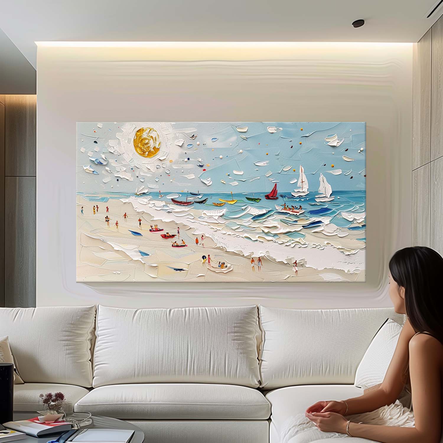 Large Summer Beach Coast Vacation Texture Painting Beach Holiday Landscape Canvas Wall Art for Sale