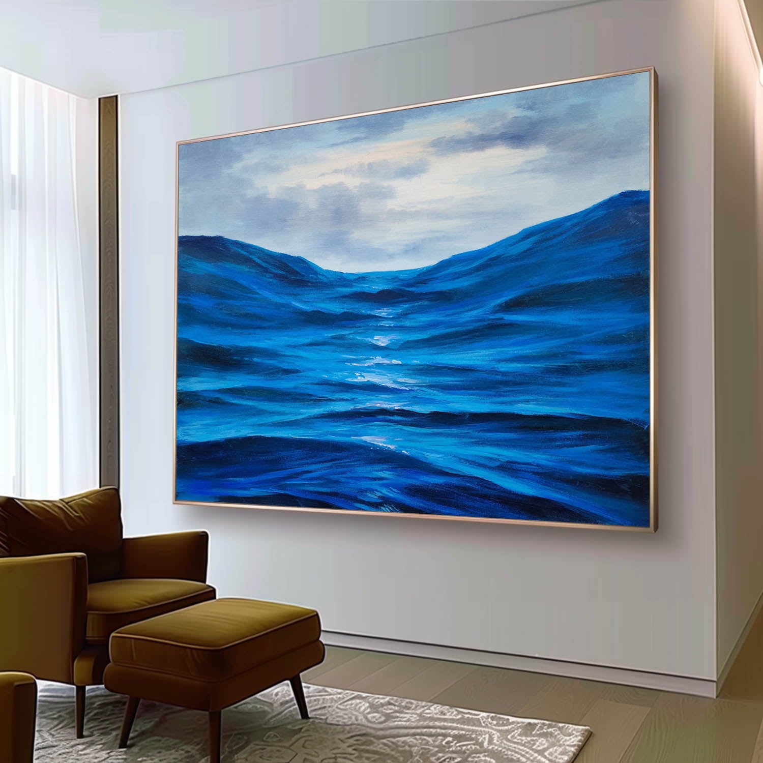 Large Dark Blue Sea Realistic Oil Paintings Blue Wave Realistic Wall Art Decor Realistic Canvas Art