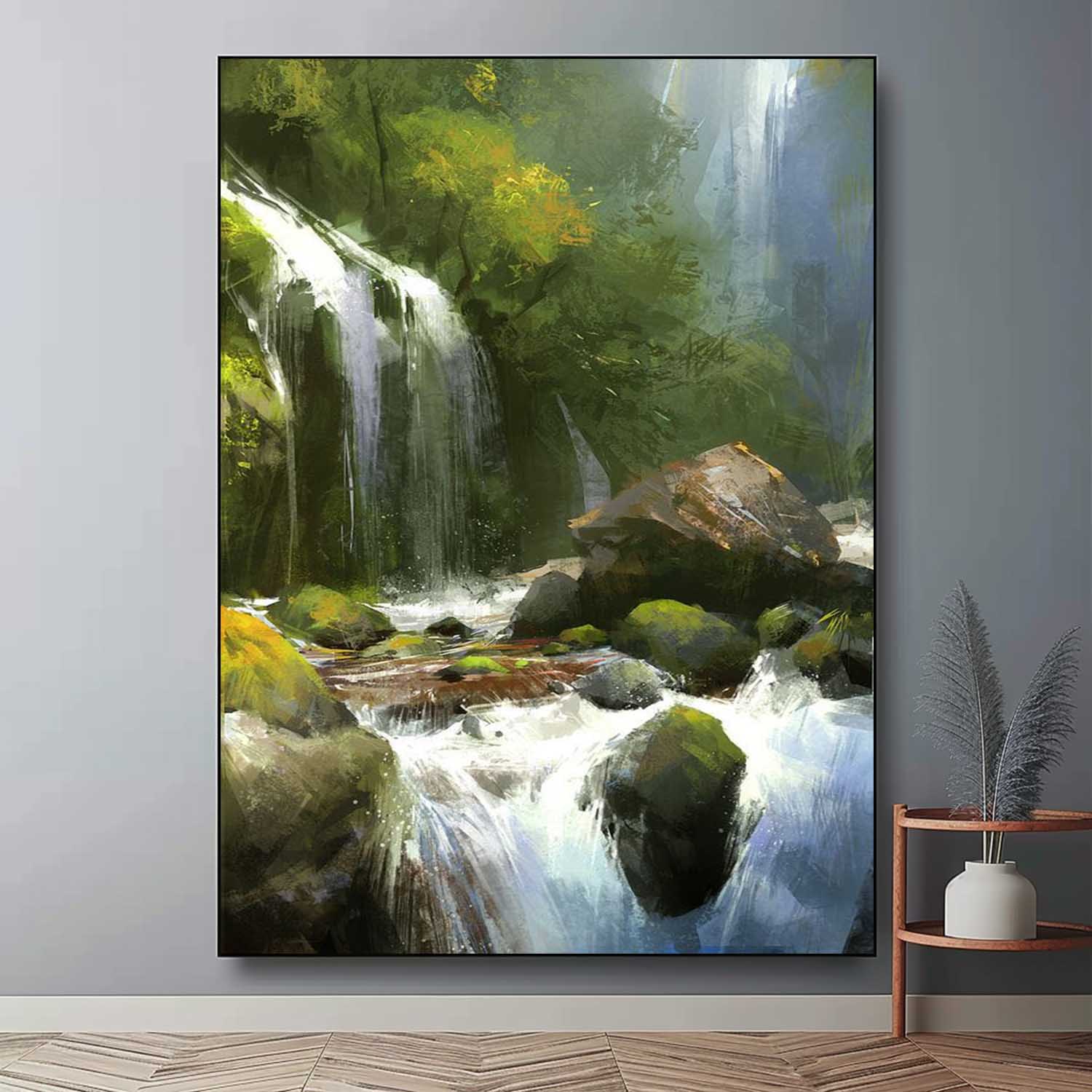 Hyperrealistic Green Stone Waterfall Landscape Art Green Stone Waterfall Landscape Canvas Wall Art