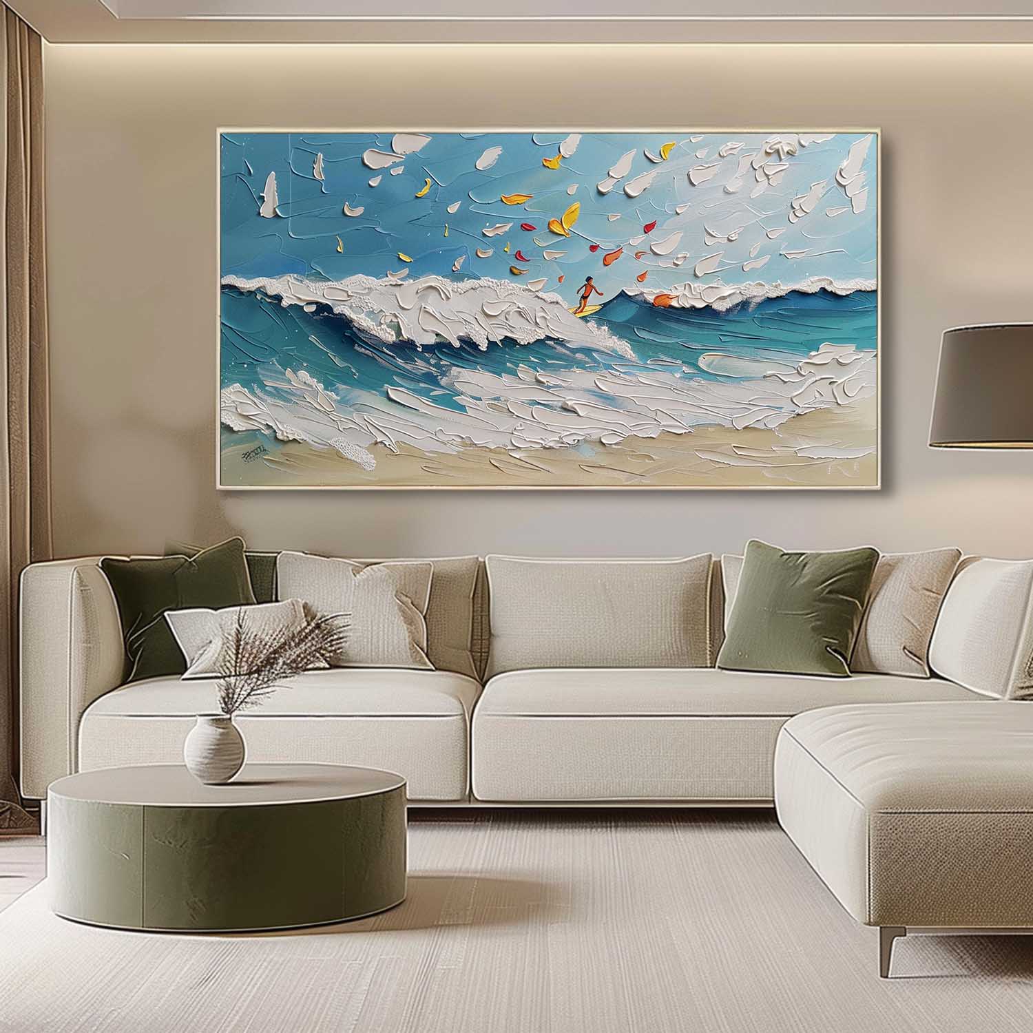 Large Ocean Wave Surfer Texture Painting Ocean Wave Surfer Landscape Canvas Wall Art for Sale