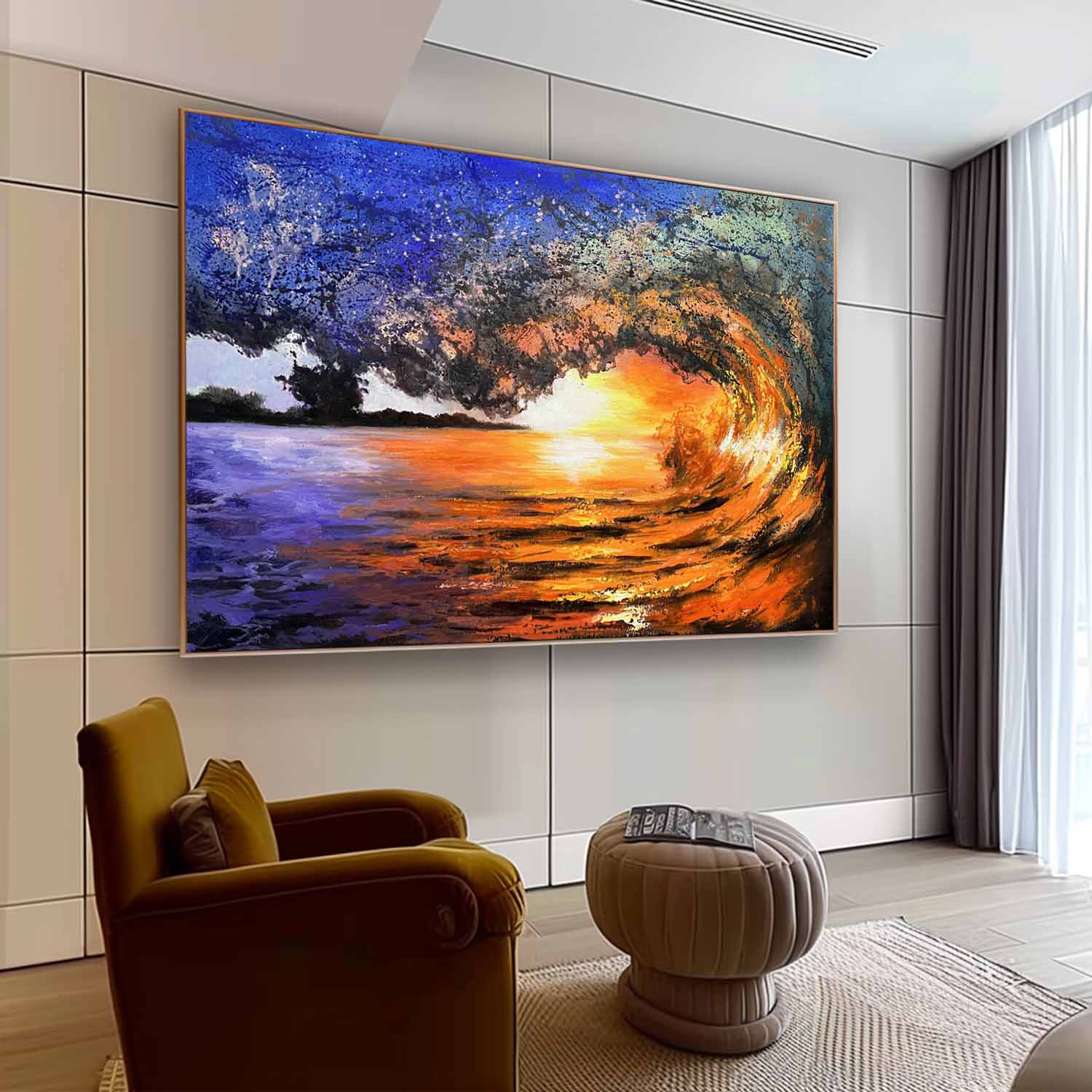 Realistic Oil Painting Of Sunset And Waves Surfing Theme Wall Art Decor Large Surfing Realism Art