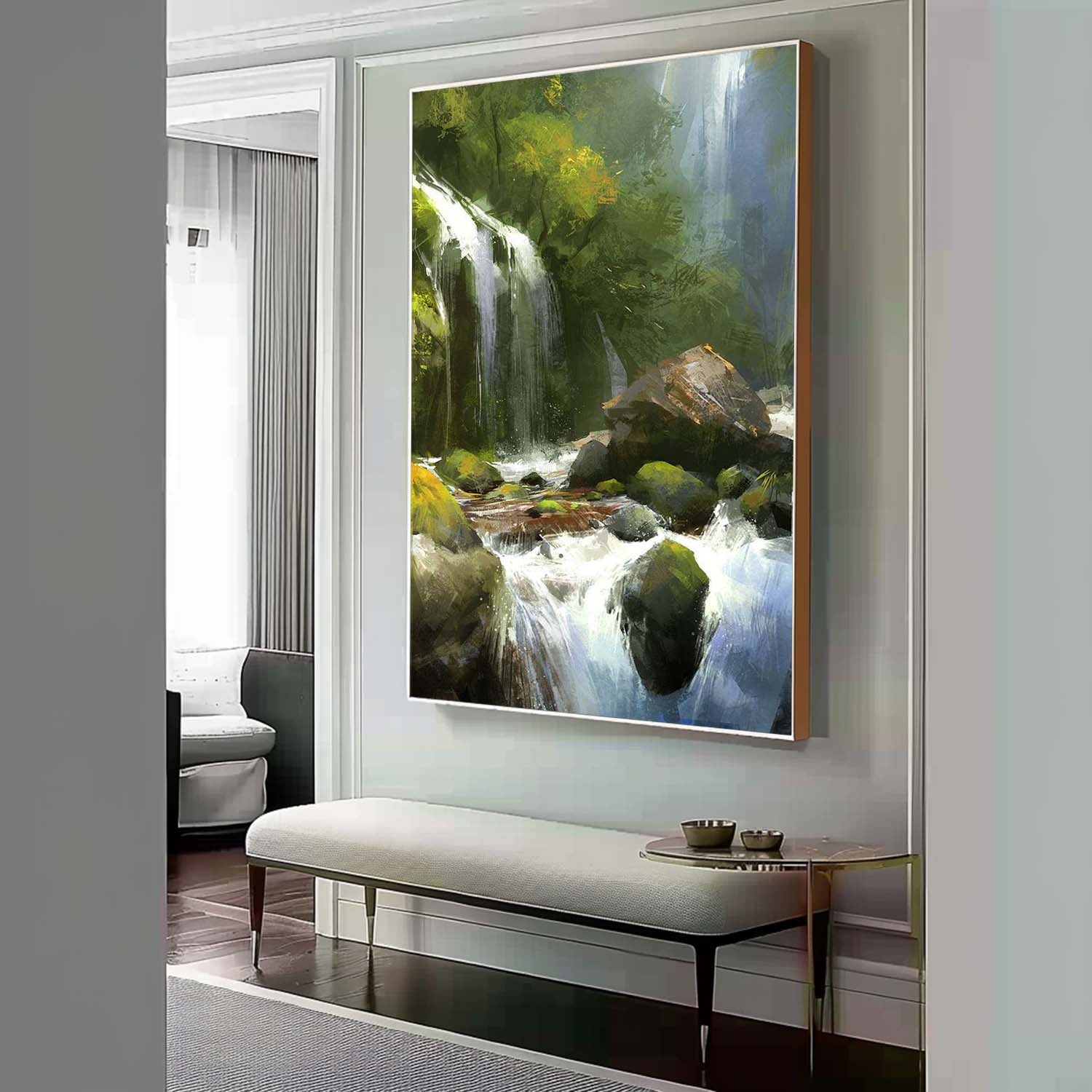 Hyperrealistic Green Stone Waterfall Landscape Art Green Stone Waterfall Landscape Canvas Wall Art