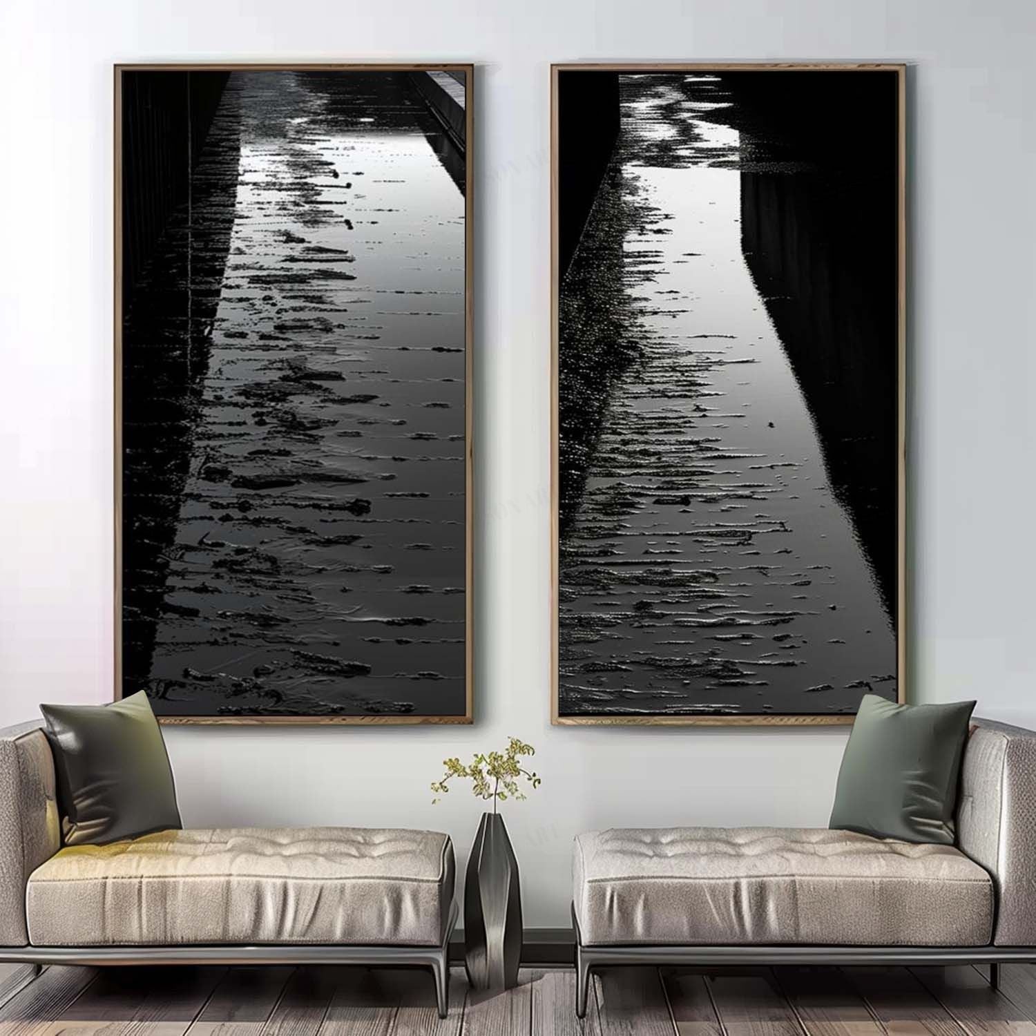 Set of 2 Large Black Abstract Art on Canvas Black Abstract Wall Art Black Abstract Texture Painting