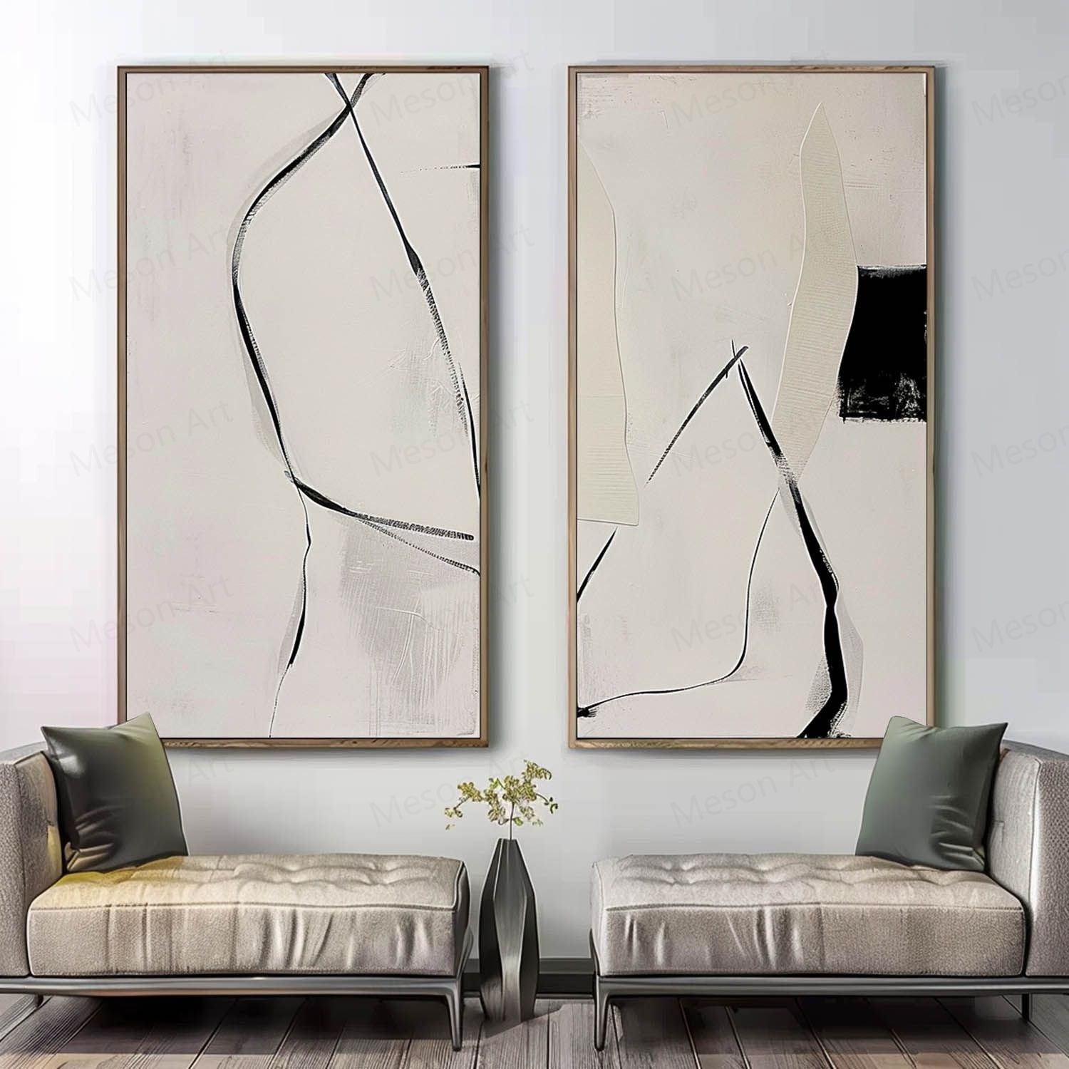 Large Black and White Minimalist Texture Painting Set of 2 Black and White Minimalist Canvas Wall Art for Sale