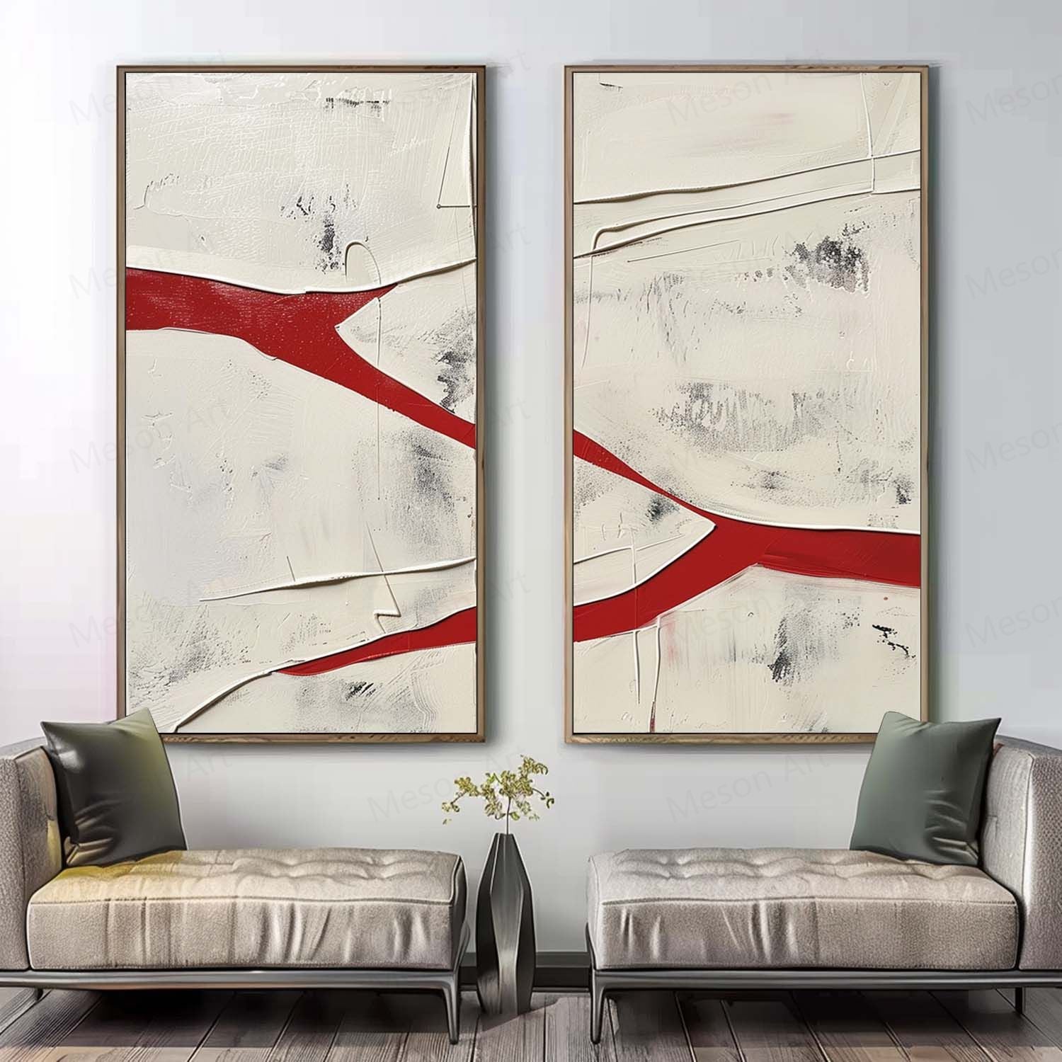 Large Red and White Textured Abstract Art Set of 2 for Sale Red and White Minimalist Textured Canvas Wall Art Decor