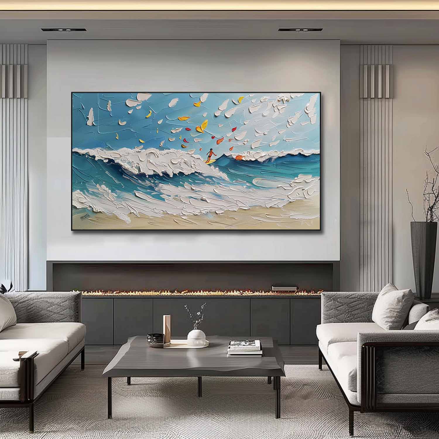 Large Ocean Wave Surfer Texture Painting Ocean Wave Surfer Landscape Canvas Wall Art for Sale