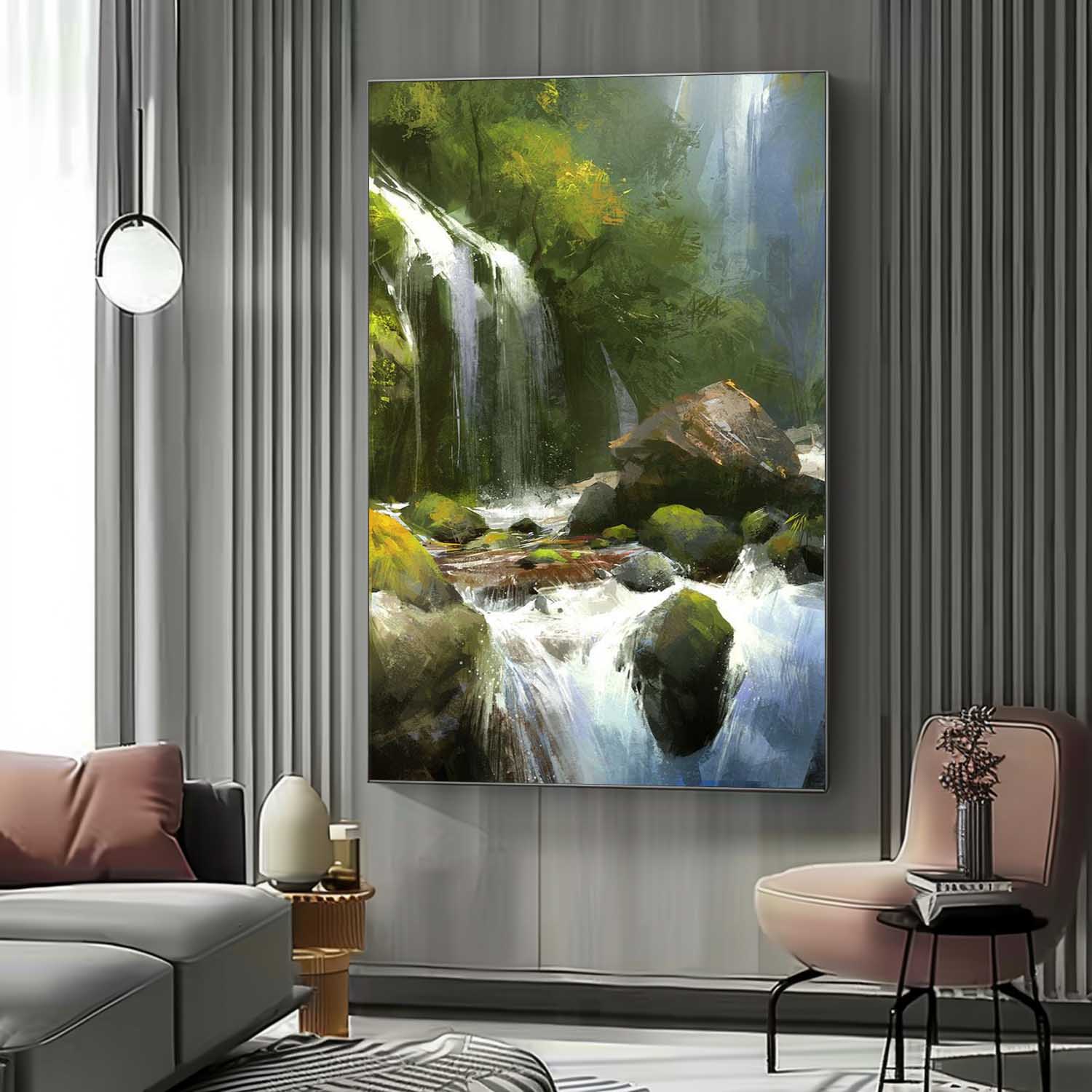 Hyperrealistic Green Stone Waterfall Landscape Art Green Stone Waterfall Landscape Canvas Wall Art