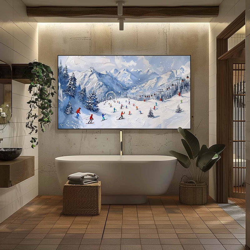 Large 3D Ski Resort Skier Texture Painting for Sale White Snow Mountain Ski Resort Skier Canvas Wall Art Decor