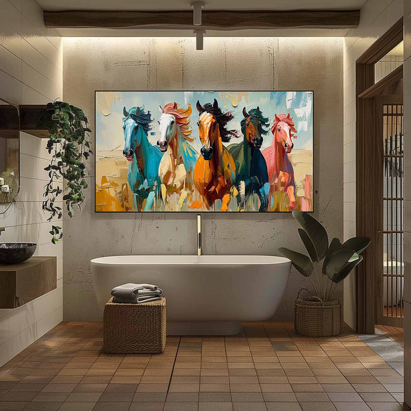 Large Colorful Running Horses Oil Painting for Sale Modern Colorful Horses Canvas Wall Art Decor