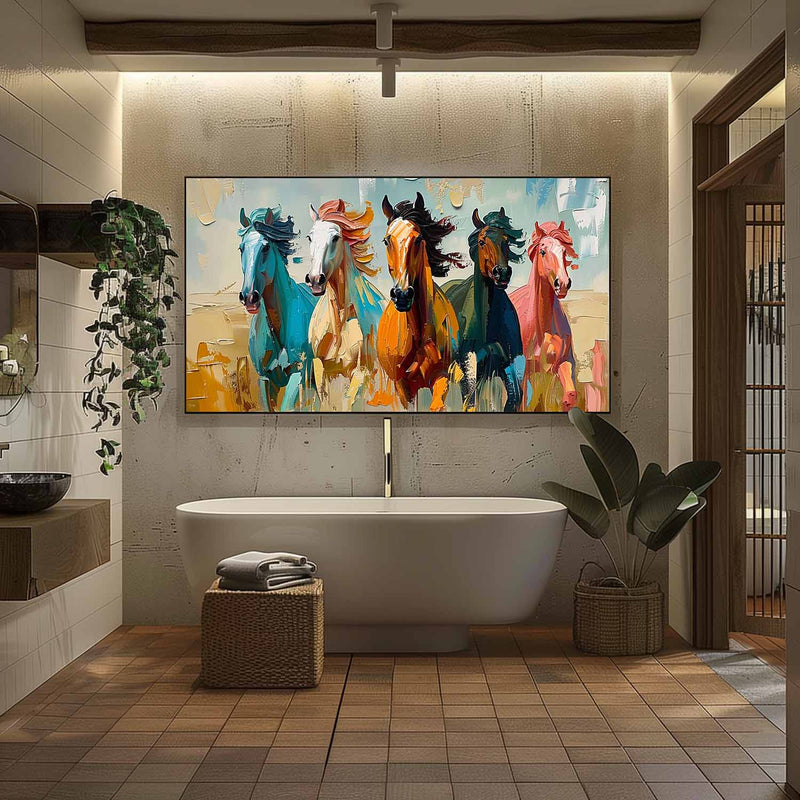 Large Colorful Running Horses Oil Painting for Sale Modern Colorful Horses Canvas Wall Art Decor